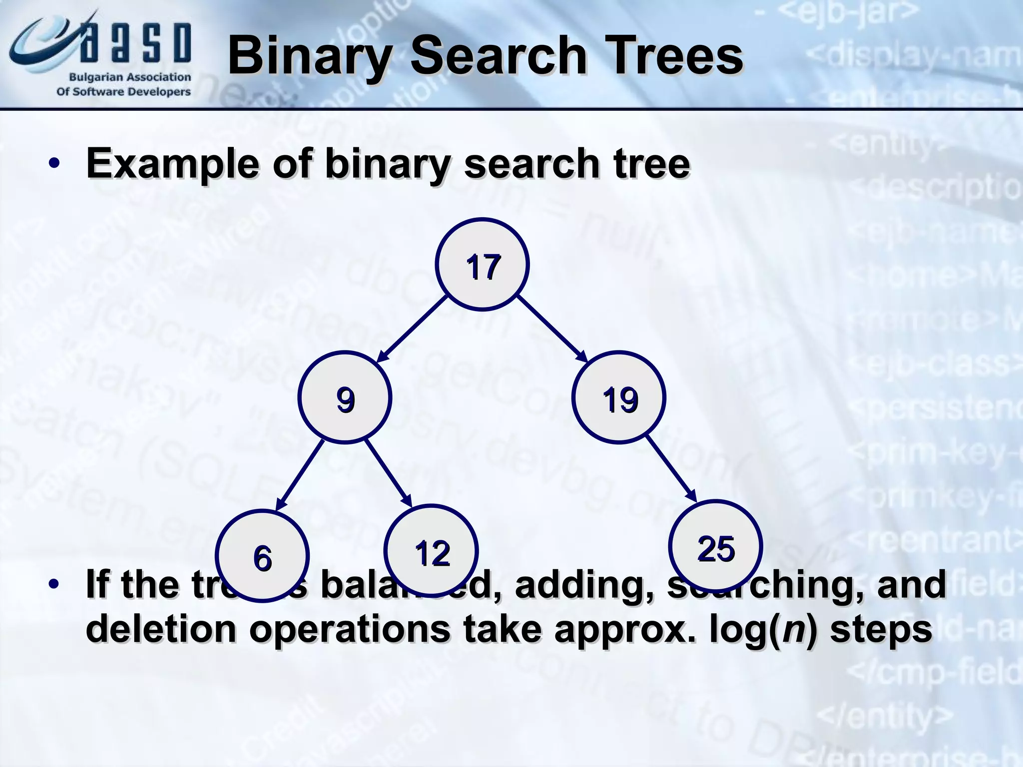 Binary Search Trees Example of binary search tree If the tree is balanced, adding, searching, and deletion operations take approx.  log( n ) steps 17 19 9 6 12 25 