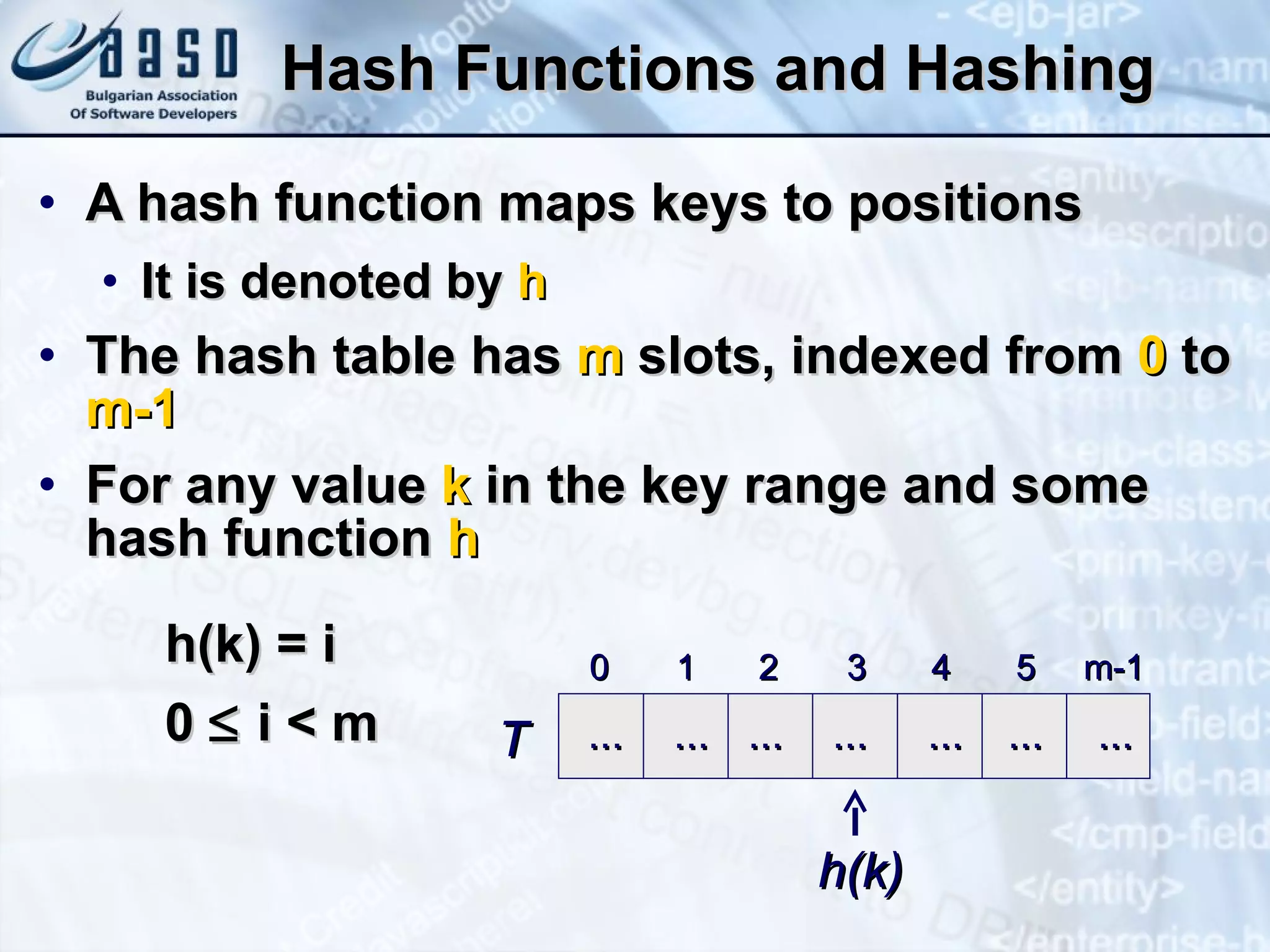 Hash Functions and Hashing A hash function maps keys to positions It is denoted by  h The hash table has  m  slots, indexed from  0  to  m-1 For any value  k  in the key range and some hash function  h h( k ) = i 0    i <  m 0 1 2 3 4 5 m-1 ... ... ... ... T h( k ) ... ... ... 
