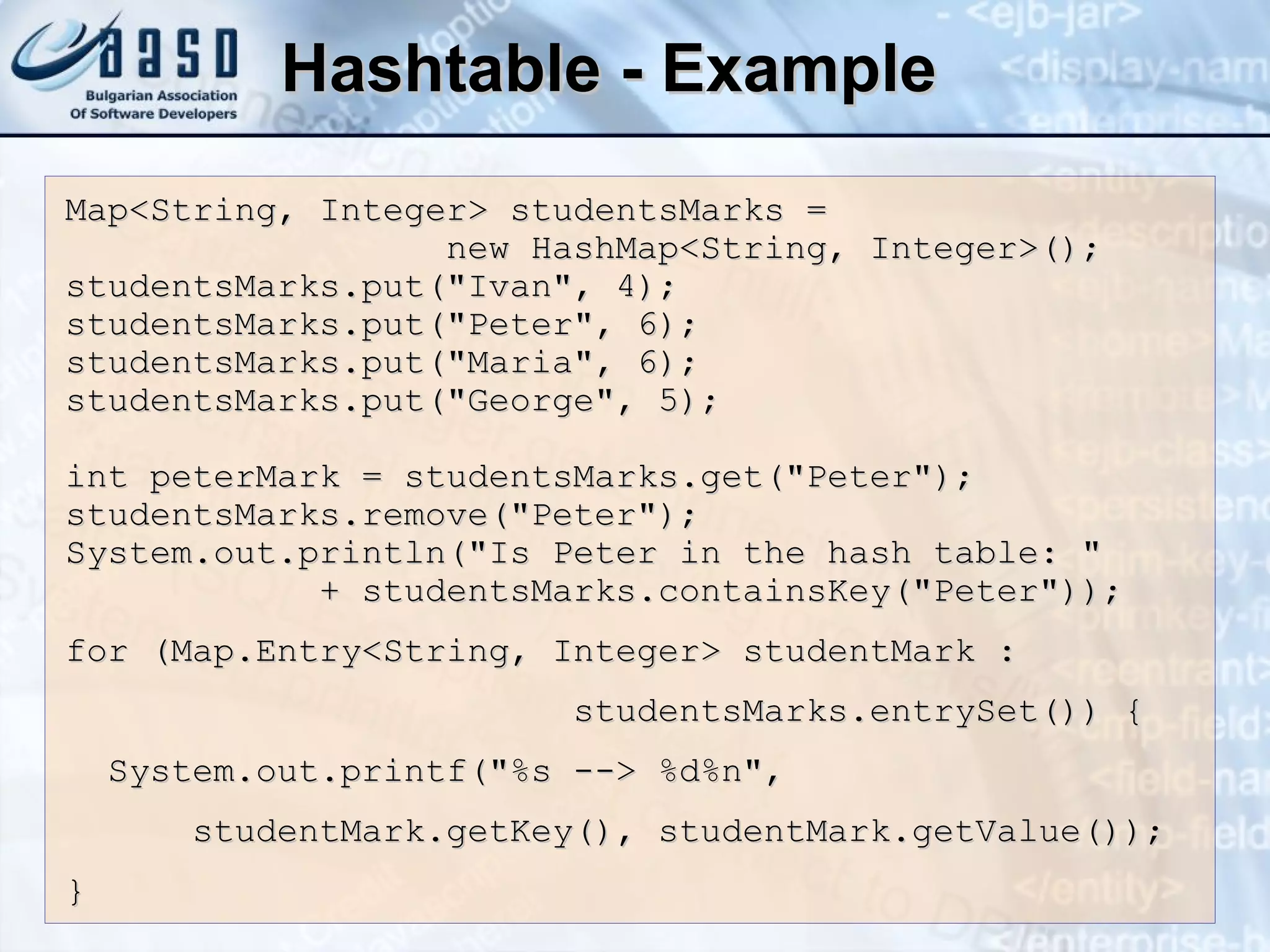 Hashtable - Example Map<String, Integer> studentsMarks = new HashMap<String, Integer>(); studentsMarks.put(&quot;Ivan&quot;, 4); studentsMarks.put(&quot;Peter&quot;, 6); studentsMarks.put(&quot;Maria&quot;, 6); studentsMarks.put(&quot;George&quot;, 5); int peterMark = studentsMarks.get(&quot;Peter&quot;); studentsMarks.remove(&quot;Peter&quot;); System.out.println(&quot;Is Peter in the hash table: &quot; + studentsMarks.containsKey(&quot;Peter&quot;)); for (Map.Entry<String, Integer> studentMark : studentsMarks.entrySet()) { System.out.printf(&quot;%s --> %d%n&quot;, studentMark.getKey(), studentMark.getValue()); } 