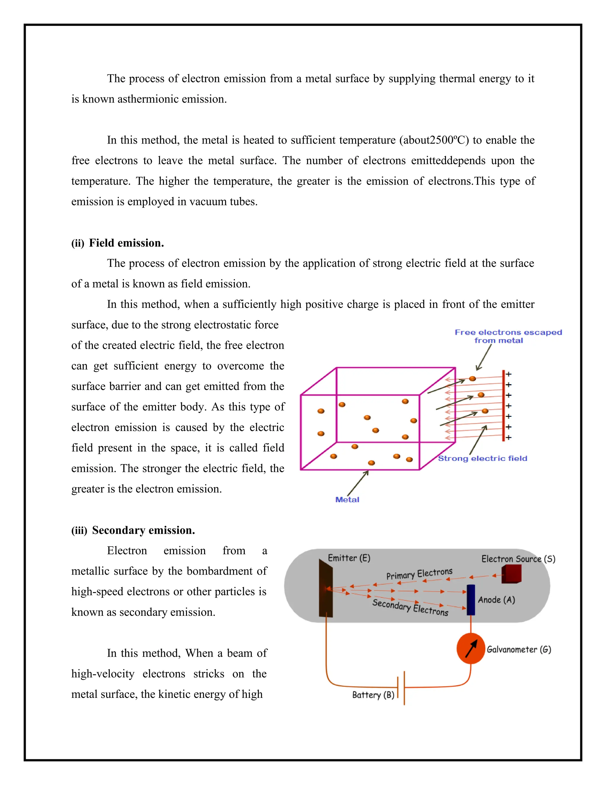 The process of electron emission from a metal surface by supplying thermal energy to it
is known asthermionic emission.
In this method, the metal is heated to sufficient temperature (about2500ºC) to enable the
free electrons to leave the metal surface. The number of electrons emitteddepends upon the
temperature. The higher the temperature, the greater is the emission of electrons.This type of
emission is employed in vacuum tubes.
(ii) Field emission.
The process of electron emission by the application of strong electric field at the surface
of a metal is known as field emission.
In this method, when a sufficiently high positive charge is placed in front of the emitter
surface, due to the strong electrostatic force
of the created electric field, the free electron
can get sufficient energy to overcome the
surface barrier and can get emitted from the
surface of the emitter body. As this type of
electron emission is caused by the electric
field present in the space, it is called field
emission. The stronger the electric field, the
greater is the electron emission.
(iii) Secondary emission.
Electron emission from a
metallic surface by the bombardment of
high-speed electrons or other particles is
known as secondary emission.
In this method, When a beam of
high-velocity electrons stricks on the
metal surface, the kinetic energy of high
 