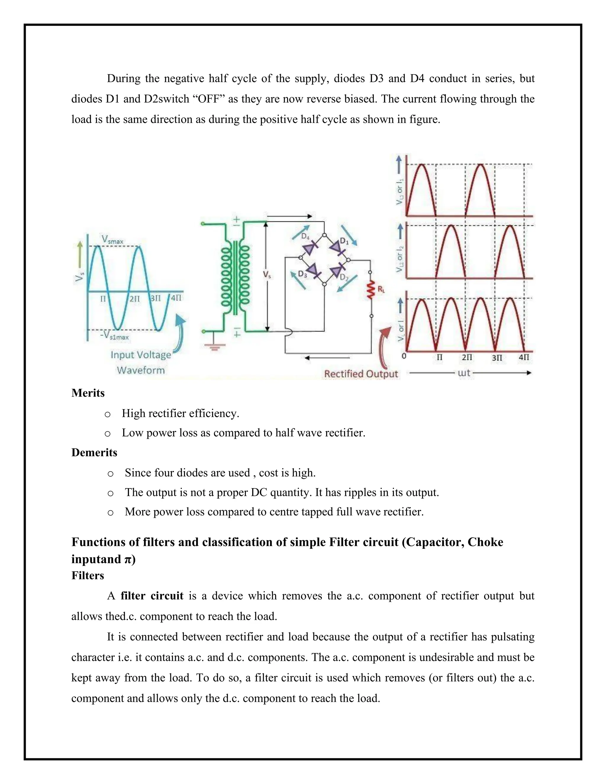 During the negative half cycle of the supply, diodes D3 and D4 conduct in series, but
diodes D1 and D2switch “OFF” as they are now reverse biased. The current flowing through the
load is the same direction as during the positive half cycle as shown in figure.
Merits
o High rectifier efficiency.
o Low power loss as compared to half wave rectifier.
Demerits
o Since four diodes are used , cost is high.
o The output is not a proper DC quantity. It has ripples in its output.
o More power loss compared to centre tapped full wave rectifier.
Functions of filters and classification of simple Filter circuit (Capacitor, Choke
inputand π)
Filters
A filter circuit is a device which removes the a.c. component of rectifier output but
allows thed.c. component to reach the load.
It is connected between rectifier and load because the output of a rectifier has pulsating
character i.e. it contains a.c. and d.c. components. The a.c. component is undesirable and must be
kept away from the load. To do so, a filter circuit is used which removes (or filters out) the a.c.
component and allows only the d.c. component to reach the load.
 
