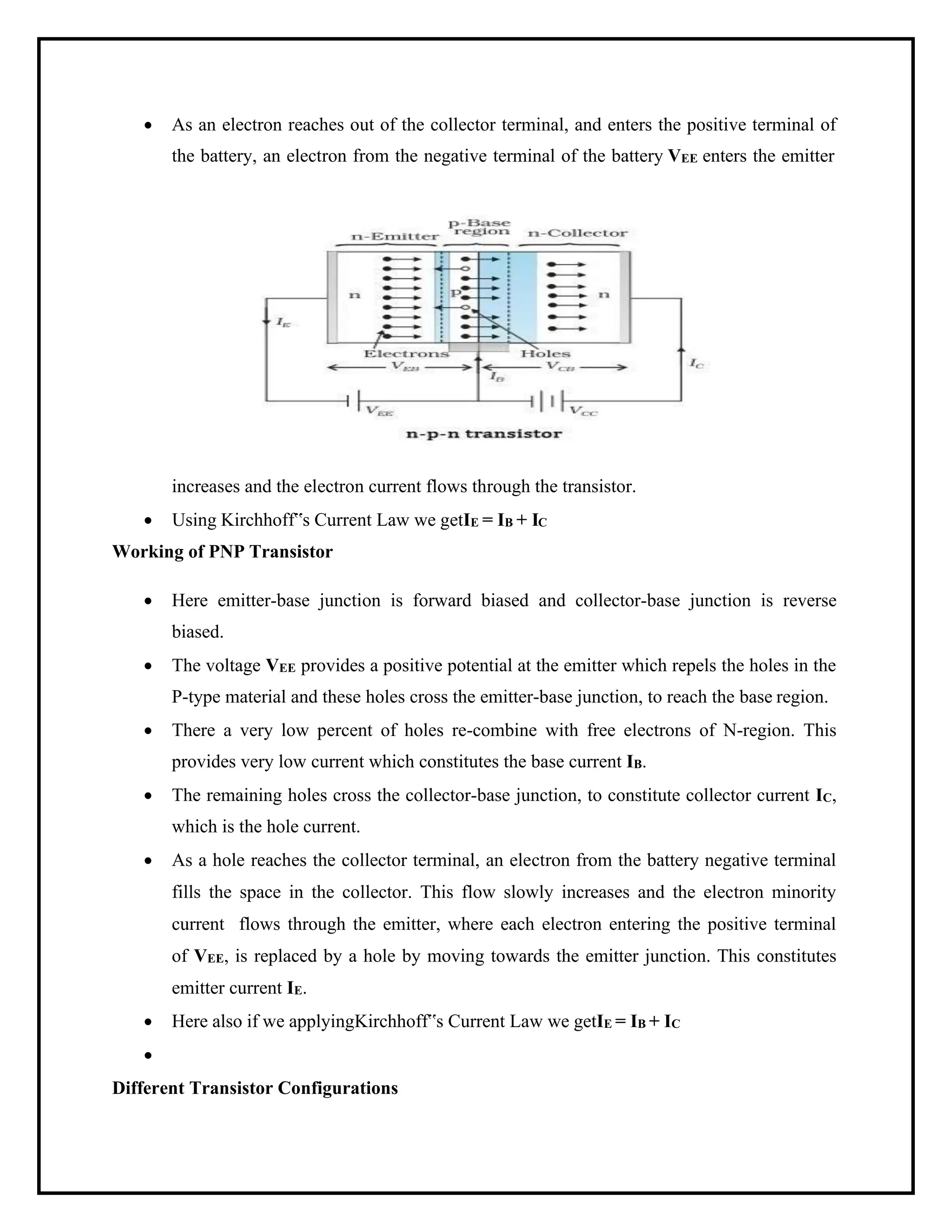 • As an electron reaches out of the collector terminal, and enters the positive terminal of
the battery, an electron from the negative terminal of the battery VEE enters the emitter
increases and the electron current flows through the transistor.
• Using Kirchhoff‟s Current Law we getIE = IB + IC
Working of PNP Transistor
• Here emitter-base junction is forward biased and collector-base junction is reverse
biased.
• The voltage VEE provides a positive potential at the emitter which repels the holes in the
P-type material and these holes cross the emitter-base junction, to reach the base region.
• There a very low percent of holes re-combine with free electrons of N-region. This
provides very low current which constitutes the base current IB.
• The remaining holes cross the collector-base junction, to constitute collector current IC,
which is the hole current.
• As a hole reaches the collector terminal, an electron from the battery negative terminal
fills the space in the collector. This flow slowly increases and the electron minority
current flows through the emitter, where each electron entering the positive terminal
of VEE, is replaced by a hole by moving towards the emitter junction. This constitutes
emitter current IE.
• Here also if we applyingKirchhoff‟s Current Law we getIE = IB + IC
•
Different Transistor Configurations
 