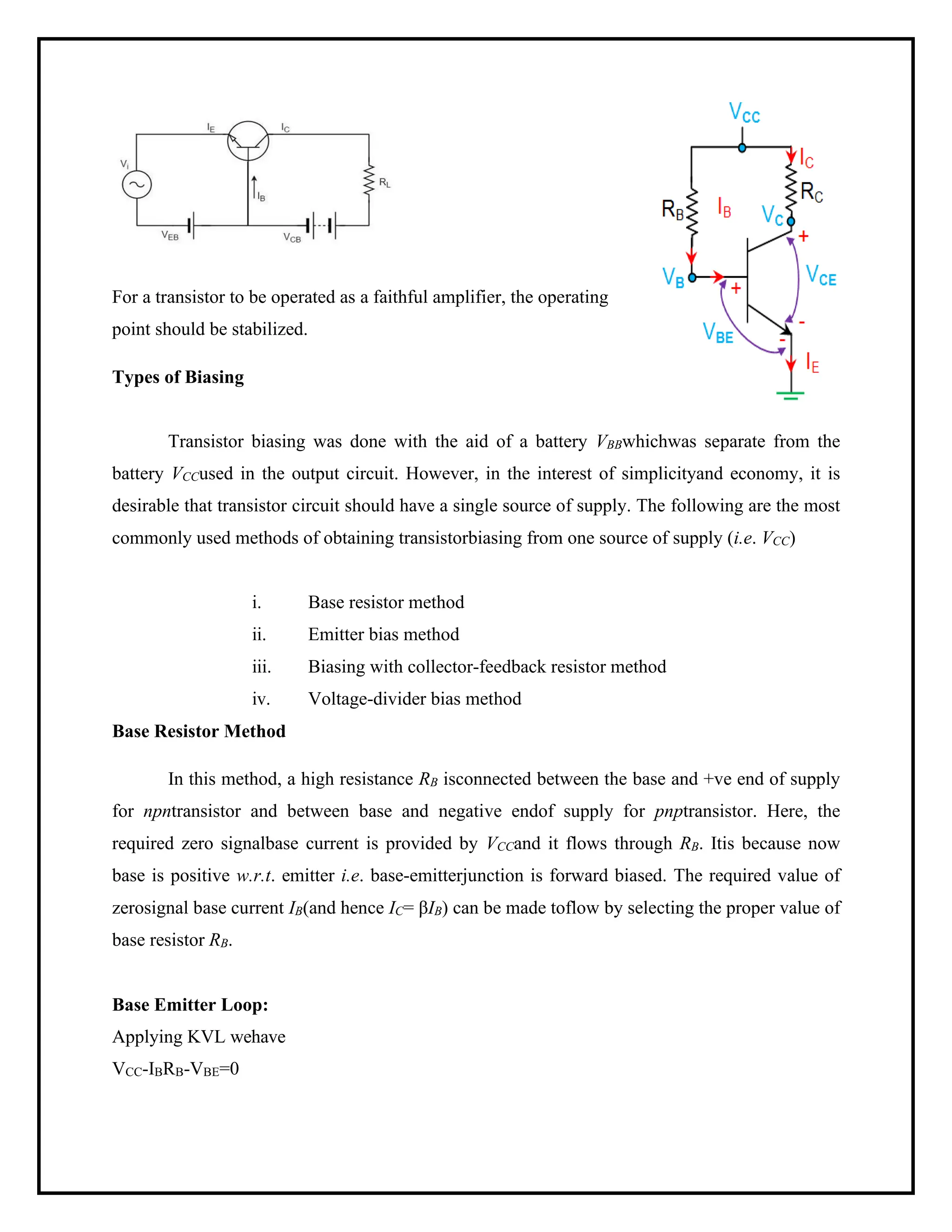 For a transistor to be operated as a faithful amplifier, the operating
point should be stabilized.
Types of Biasing
Transistor biasing was done with the aid of a battery VBBwhichwas separate from the
battery VCCused in the output circuit. However, in the interest of simplicityand economy, it is
desirable that transistor circuit should have a single source of supply. The following are the most
commonly used methods of obtaining transistorbiasing from one source of supply (i.e. VCC)
i. Base resistor method
ii. Emitter bias method
iii. Biasing with collector-feedback resistor method
iv. Voltage-divider bias method
Base Resistor Method
In this method, a high resistance RB isconnected between the base and +ve end of supply
for npntransistor and between base and negative endof supply for pnptransistor. Here, the
required zero signalbase current is provided by VCCand it flows through RB. Itis because now
base is positive w.r.t. emitter i.e. base-emitterjunction is forward biased. The required value of
zerosignal base current IB(and hence IC= βIB) can be made toflow by selecting the proper value of
base resistor RB.
Base Emitter Loop:
Applying KVL wehave
VCC-IBRB-VBE=0
 