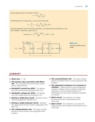 S U M M A R Y 81
Using voltage division at the input to find V,
Combining these two expressions, we can solve for the gain:
Using the parameter values for the three transistors, we find that the best alternative is tran-
sistor number 2, which has a gain error of
Percent error = a
211.8 - 200
200
b * 100% = 5.9%
AV =
V
o
V
S
= -gm a
Rin
Rin + RS
b ARo兾兾RLB
V = V
S a
Rin
Rin + RS
b
±
–
RS=500 ⍀
VS=2 mV Rin gm V Ro Vo
RL=10 k⍀
+
-
V
+
-
Figure 2.53
Transistor amplifier circuit
model.
S U M M A R Y
•
■ Ohm’s law V = IR
■ The passive sign convention with Ohm’s
law The current enters the resistor terminal with the
positive voltage reference.
■ Kirchhoff’s current law (KCL) The algebraic
sum of the currents leaving (entering) a node is zero.
■ Kirchhoff’s voltage law (KVL) The algebraic
sum of the voltages around any closed path is zero.
■ Solving a single-loop circuit Determine the loop
current by applying KVL and Ohm’s law.
■ Solving a single-node-pair circuit Determine
the voltage between the pair of nodes by applying KCL and
Ohm’s law.
■ The voltage-division rule The voltage is divided
between two series resistors in direct proportion to their
resistance.
■ The current-division rule The current is divided
between two parallel resistors in reverse proportion to their
resistance.
■ The equivalent resistance of a network of
resistors Combine resistors in series by adding their
resistances. Combine resistors in parallel by adding their
conductances. The wye-to-delta and delta-to-wye
transformations are also an aid in reducing the complexity
of a network.
■ Short circuit Zero resistance, zero voltage;
the current in the short is determined by the rest
of the circuit.
■ Open circuit Zero conductance, zero current; the
voltage across the open terminals is determined by the rest
of the circuit.
irwin02_025-100hr.qxd 30-06-2010 13:14 Page 81
 