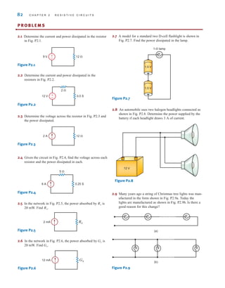82 C H A P T E R 2 R E S I S T I V E C I R C U I T S
P R O B L E M S
•
2.1 Determine the current and power dissipated in the resistor
in Fig. P2.1.
9 V ±
– 12 ⍀
Figure P2.1
0.5 S
2 ⍀
12 V ±
–
2 A 12 ⍀
Figure P2.2
Figure P2.3
2.4 Given the circuit in Fig. P2.4, find the voltage across each
resistor and the power dissipated in each.
6 A
5 ⍀
0.25 S
Figure P2.4
2 mA Rx
12 mA Gx
Figure P2.5
Figure P2.6
2.2 Determine the current and power dissipated in the
resistors in Fig. P2.2.
2.3 Determine the voltage across the resistor in Fig. P2.3 and
the power dissipated.
2.5 In the network in Fig. P2.5, the power absorbed by is
20 mW. Find .
Rx
Rx
2.6 In the network in Fig. P2.6, the power absorbed by is
20 mW. Find .
Gx
Gx
2.7 A model for a standard two D-cell flashlight is shown in
Fig. P2.7. Find the power dissipated in the lamp.
1-⍀ lamp
1.5 V
1.5 V
2.8 An automobile uses two halogen headlights connected as
shown in Fig. P2.8. Determine the power supplied by the
battery if each headlight draws 3 A of current.
Figure P2.8
12 V
+ -
Figure P2.7
2.9 Many years ago a string of Christmas tree lights was man-
ufactured in the form shown in Fig. P2.9a. Today the
lights are manufactured as shown in Fig. P2.9b. Is there a
good reason for this change?
Figure P2.9
(a)
(b)
irwin02_025-100hr.qxd 30-06-2010 13:15 Page 82
 
