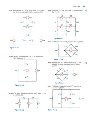 2.101 Find the value of in the circuit in Fig. P2.101 such
that the power supplied by the 5-A source is 60 W.
Figure P2.101
2.102 The 3-A current source in Fig. P2.102 is absorbing
12 W. Determine R.
Figure P2.102
2.103 If the power supplied by the 50-V source in Fig. P2.103
is 100 W, find R.
Figure P2.103
2.104 Given that , find and in the circuit in
Fig. P2.104.
Figure P2.104
2.105 Find the power absorbed by the network in Fig. P2.105.
Figure P2.105
2.106 Find the value of in the network in Fig. P2.106
such that the power supplied by the 3-A source
is 20 W.
Figure P2.106
2.107 Find the power supplied by the 24-V source in the
circuit in Fig. P2.107.
Figure P2.107
–
±
12 k⍀
12 k⍀
12 k⍀
12 k⍀
24 V
12 k⍀ 12 k⍀
glx
2 ⍀
1 ⍀
2 ⍀
2 ⍀
3 A
Ix
g
–
±
12 k⍀
2 k⍀
6 k⍀
18 k⍀
6 k⍀
21 V
16 V
8 V
V1
1 k⍀ 2 k⍀ 2 k⍀
6 k⍀
4 k⍀
4 mA
5 mA
RB
VA
+
+
-
-
–±
–
±
RB
V
A
V
1 = 4 V
2 A
50 V +
–
5 ⍀ 2 ⍀
R
R
2 ⍀
1 ⍀
3 A
12 V +
–
–
±
Vx
1 ⍀
1 ⍀
3 A
4 ⍀
2 ⍀ 5 A
5 V 2 ⍀
±
–
V
x
P R O B L E M S 95
irwin02_025-100hr.qxd 30-06-2010 13:15 Page 95
 