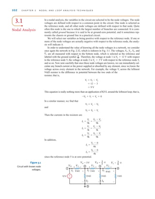 102 C H A P T E R 3 N O D A L A N D L O O P A N A LY S I S T E C H N I Q U E S
±
–
1
2 3
4
5
Va=3 V
I1 I3 I5
I2 I4
12 V 6 k⍀ 4 k⍀ 3 k⍀
9 k⍀ 9 k⍀
3 k⍀ +
–
+
–
+
–
VS V1
+ -
V3
+ -
V5
+ -
Vb=— V
3
2 Vc=— V
3
8
Figure 3.1
Circuit with known node
voltages.
3.1
Nodal Analysis
In a nodal analysis, the variables in the circuit are selected to be the node voltages. The node
voltages are defined with respect to a common point in the circuit. One node is selected as
the reference node, and all other node voltages are defined with respect to that node. Quite
often this node is the one to which the largest number of branches are connected. It is com-
monly called ground because it is said to be at ground-zero potential, and it sometimes rep-
resents the chassis or ground line in a practical circuit.
We will select our variables as being positive with respect to the reference node. If one or
more of the node voltages are actually negative with respect to the reference node, the analy-
sis will indicate it.
In order to understand the value of knowing all the node voltages in a network, we consider
once again the network in Fig. 2.32, which is redrawn in Fig. 3.1. The voltages, and
are all measured with respect to the bottom node, which is selected as the reference and
labeled with the ground symbol . Therefore, the voltage at node 1 is with respect
to the reference node 5; the voltage at node 2 is with respect to the reference node 5,
and so on. Now note carefully that once these node voltages are known, we can immediately cal-
culate any branch current or the power supplied or absorbed by any element, since we know the
voltage across every element in the network. For example, the voltage across the leftmost
9-k resistor is the difference in potential between the two ends of the
resistor; that is,
This equation is really nothing more than an application of KVL around the leftmost loop; that is,
In a similar manner, we find that
and
Then the currents in the resistors are
In addition,
since the reference node 5 is at zero potential.
I4 =
V
b - 0
4k
I2 =
V
a - 0
6k
I5 =
V
5
9k
=
V
b - V
c
9k
I3 =
V3
3k
=
V
a - V
b
3k
I1 =
V
1
9k
=
V
S - V
a
9k
V5 = V
b - V
c
V
3 = V
a - V
b
-V
S + V
1 + V
a = 0
= 9 V
= 12 - 3
V
1 = V
S - V
a
V
1
V
a = 3 V
V
S = 12 V
V
c,
V
b,
V
a,
V
S,
irwin03_101-155hr.qxd 30-06-2010 13:12 Page 102
 