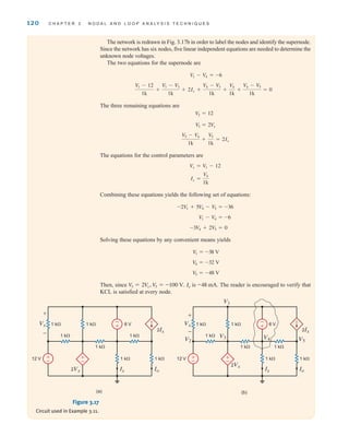 120 C H A P T E R 3 N O D A L A N D L O O P A N A LY S I S T E C H N I Q U E S
The network is redrawn in Fig. 3.17b in order to label the nodes and identify the supernode.
Since the network has six nodes, five linear independent equations are needed to determine the
unknown node voltages.
The two equations for the supernode are
The three remaining equations are
The equations for the control parameters are
Combining these equations yields the following set of equations:
Solving these equations by any convenient means yields
Then, since is The reader is encouraged to verify that
KCL is satisfied at every node.
-48 mA.
Io
V
3 = 2V
x, V
3 = -100 V.
V
5 = -48 V
V
4 = -32 V
V
1 = -38 V
-3V4 + 2V5 = 0
V1 - V4 = -6
-2V1 + 5V4 - V5 = -36
Ix =
V4
1k
Vx = V1 - 12
V5 - V4
1k
+
V5
1k
= 2Ix
V
3 = 2V
x
V
2 = 12
V1 - 12
1k
+
V1 - V3
1k
+ 2Ix +
V4 - V3
1k
+
V4
1k
+
V4 - V5
1k
= 0
V1 - V4 = -6
-
+
±
–
±
–
1 k⍀ 1 k⍀
1 k⍀
1 k⍀
1 k⍀
1 k⍀
12 V
1 k⍀
6 V
Ix
2Vx
2Ix
Io
Vx
+
-
-
+
±
–
±
–
1 k⍀ 1 k⍀
1 k⍀ 1 k⍀
1 k⍀
1 k⍀
12 V
1 k⍀
6 V
Ix
V1
V3
V2 V5
V4
2Ix
2Vx
Io
Vx
+
-
(a) (b)
Figure 3.17
Circuit used in Example 3.11.
irwin03_101-155hr.qxd 30-06-2010 13:12 Page 120
 