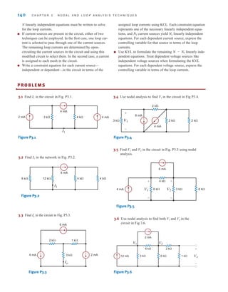 140 C H A P T E R 3 N O D A L A N D L O O P A N A LY S I S T E C H N I Q U E S
N linearly independent equations must be written to solve
for the loop currents.
■ If current sources are present in the circuit, either of two
techniques can be employed. In the first case, one loop cur-
rent is selected to pass through one of the current sources.
The remaining loop currents are determined by open-
circuiting the current sources in the circuit and using this
modified circuit to select them. In the second case, a current
is assigned to each mesh in the circuit.
■ Write a constraint equation for each current source—
independent or dependent—in the circuit in terms of the
assigned loop currents using KCL. Each constraint equation
represents one of the necessary linearly independent equa-
tions, and current sources yield linearly independent
equations. For each dependent current source, express the
controlling variable for that source in terms of the loop
currents.
■ Use KVL to formulate the remaining linearly inde-
pendent equations. Treat dependent voltage sources like
independent voltage sources when formulating the KVL
equations. For each dependent voltage source, express the
controlling variable in terms of the loop currents.
N - NI
NI
NI
P R O B L E M S
•
3.1 Find I1 in the circuit in Fig. P3.1.
2 mA
4 mA
4 mA
3 k⍀ 4 k⍀
I1
Figure P3.1
3.2 Find I1 in the network in Fig. P3.2.
6 mA
12 k⍀ 4 k⍀
6 k⍀ 4 k⍀
I1
Figure P3.2
6 mA
3 k⍀
4 mA 2 mA
1 k⍀
2 k⍀
Io
Figure P3.3
3 k⍀ V1 2 k⍀
2 k⍀
2 k⍀
6 mA
4 mA
+
-
3.4 Use nodal analysis to find V1 in the circuit in Fig P3.4.
Figure P3.4
3.5 Find V1 and V2 in the circuit in Fig. P3.5 using nodal
analysis.
3 k⍀ 6 k⍀
6 k⍀
4 k⍀
6 mA
4 mA V1
+
-
V2
+
-
Figure P3.5
3.6 Use nodal analysis to find both V1 and Vo in the
circuit in Fig 3.6.
6 k⍀ 1 k⍀ Vo
3 k⍀
6 k⍀
2 mA
2 k⍀
V2
V1
12 mA
+
-
Figure P3.6
3.3 Find Io in the circuit in Fig. P3.3.
irwin03_101-155hr.qxd 30-06-2010 13:12 Page 140
 