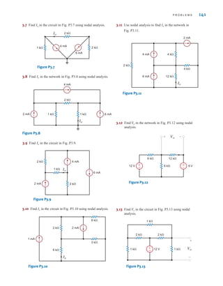 P R O B L E M S 141
3.7 Find Io in the circuit in Fig. P3.7 using nodal analysis.
1 k⍀
4 mA
6 mA
2 k⍀
2 k⍀
Io
Figure P3.7
3.8 Find in the network in Fig. P3.8 using nodal analysis.
Io
2 mA
4 mA
6 mA
1 k⍀ 1 k⍀
2 k⍀
Io
Figure P3.8
3.9 Find in the circuit in Fig. P3.9.
Io
2 mA
6 mA
1 k⍀
2 k⍀
2 k⍀
Io
4 mA
Figure P3.9
3.10 Find Io in the circuit in Fig. P3.10 using nodal analysis.
2 k⍀
6 k⍀
3 k⍀
8 k⍀
2 mA
1 mA
Io
Figure P3.10
3.11 Use nodal analysis to find Io in the network in
Fig. P3.11.
4 k⍀
2 k⍀
4 k⍀
12 k⍀
2 mA
4 mA
6 mA
Io
Figure P3.11
3.12 Find in the network in Fig. P3.12 using nodal
analysis.
Vo
12 V 6 V
6 k⍀
12 k⍀
6 k⍀
Vo
+ -
±
–
±
–
Figure P3.12
3.13 Find in the circuit in Fig. P3.13 using nodal
analysis.
Vo
12 V
1 k⍀
+
–
1 k⍀ 1 k⍀
2 k⍀ 2 k⍀
Vo
+
–
Figure P3.13
irwin03_101-155hr.qxd 30-06-2010 13:12 Page 141
 