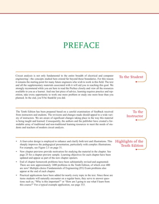 PREFACE
Circuit analysis is not only fundamental to the entire breadth of electrical and computer
engineering—the concepts studied here extend far beyond those boundaries. For this reason
it remains the starting point for many future engineers who wish to work in this field. The text
and all the supplementary materials associated with it will aid you in reaching this goal. We
strongly recommend while you are here to read the Preface closely and view all the resources
available to you as a learner. And one last piece of advice, learning requires practice and rep-
etition, take every opportunity to work one more problem or study one more hour than you
planned. In the end, you’ll be thankful you did.
To the Student
To the
Instructor
Highlights of the
Tenth Edition
The Tenth Edition has been prepared based on a careful examination of feedback received
from instructors and students. The revisions and changes made should appeal to a wide vari-
ety of instructors. We are aware of significant changes taking place in the way this material
is being taught and learned. Consequently, the authors and the publisher have created a for-
midable array of traditional and non-traditional learning resources to meet the needs of stu-
dents and teachers of modern circuit analysis.
• A four-color design is employed to enhance and clarify both text and illustrations. This
sharply improves the pedagogical presentation, particularly with complex illustrations.
For example, see Figure 2.5 on page 31.
• New chapter previews provide motivation for studying the material in the chapter. See
page 25 for a chapter preview sample. Learning objectives for each chapter have been
updated and appear as part of the new chapter openers.
• End of chapter homework problems have been substantially revised and augmented.
There are now approximately 1400 problems in the Tenth Edition, of which over 400
are new! Multiple-choice Fundamentals of Engineering (FE) Exam problems also
appear at the end of each chapter.
• Practical applications have been added for nearly every topic in the text. Since these are
items students will naturally encounter on a regular basis, they serve to answer ques-
tions such as, “Why is this important?” or “How am I going to use what I learn from
this course?” For a typical example application, see page 333.
irwin_fm_i-xxii-hr.qxd 3-09-2010 15:50 Page xv
 