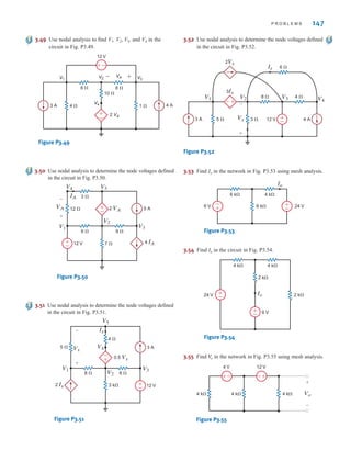P R O B L E M S 147
3.49 Use nodal analysis to find V1, V2, V3, and V4 in the
circuit in Fig. P3.49.
1 ⍀
8 ⍀
6 ⍀
4 ⍀
10 ⍀
12 V
V1
V2
V4
2 VA
V3
VA
3 A
±
–
±
–
± –
4 A
Figure P3.49
3.50 Use nodal analysis to determine the node voltages defined
in the circuit in Fig. P3.50.
5 A
12 V
+
–
V5
V4
V1
V2
V3
4 IA
9 ⍀
6 ⍀
3 ⍀
7 ⍀
IA
12 ⍀
VA
+
–
+
–
2 VA
Figure P3.50
3.51 Use nodal analysis to determine the node voltages defined
in the circuit in Fig. P3.51.
12 V
+
–
2 Ix
Vx
+
–
+
– 0.5 Vx
V2
V1
V4
V5
V3
5 ⍀ 3 A
4 ⍀
6 ⍀
3 k⍀
8 ⍀
Ix
Figure P3.51
3.52 Use nodal analysis to determine the node voltages defined
in the circuit in Fig. P3.52.
3 A 4 A
5 ⍀ 3 ⍀
8 ⍀ 4 ⍀
6 ⍀
12 V +
–
+
–
3Ix
Ix
2Vx
V1 V2 V3
Vx
+
–
V4
Figure P3.52
3.53 Find Io in the network in Fig. P3.53 using mesh analysis.
-
+
±
–
6 V 24 V
6 k⍀
4 k⍀
6 k⍀
Io
Figure P3.53
3.54 Find Io in the circuit in Fig. P3.54.
±
–
±
–
4 k⍀ 4 k⍀
2 k⍀
2 k⍀
6 V
24 V Io
Figure P3.54
3.55 Find in the network in Fig. P3.55 using mesh analysis.
V
o
-
± +
-
4 k⍀ Vo
4 k⍀
4 V 12 V
4 k⍀
+
-
Figure P3.55
irwin03_101-155hr.qxd 30-06-2010 13:12 Page 147
 