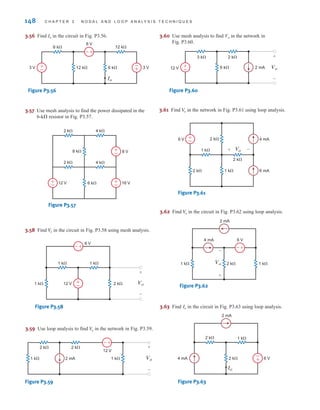 148 C H A P T E R 3 N O D A L A N D L O O P A N A LY S I S T E C H N I Q U E S
3.58 Find in the circuit in Fig. P3.58 using mesh analysis.
V
o
3.56 Find Io in the circuit in Fig. P3.56.
-
±
3 V
Io
±
– 3 V
±
–
6 k⍀
6 k⍀
12 k⍀
12 k⍀
6 V
Figure P3.56
3.57 Use mesh analysis to find the power dissipated in the
6-k resistor in Fig. P3.57.
2 k⍀
2 k⍀
8 k⍀
4 k⍀
4 k⍀
6 k⍀
12 V
+
– 16 V
+
–
8 V
+
–
Figure P3.57
±
–
Vo
6 V
1 k⍀
1 k⍀ 12 V 2 k⍀
1 k⍀
+
-
-
±
Figure P3.58
3.59 Use loop analysis to find in the network in Fig. P3.59.
Vo
–±
1 k⍀ 2 mA 1 k⍀ Vo
2 k⍀
2 k⍀
12 V
+
-
Figure P3.59
3.60 Use mesh analysis to find Vo in the network in
Fig. P3.60.
±
–
12 V
3 k⍀
6 k⍀ 2 mA Vo
2 k⍀ +
-
Figure P3.60
3.61 Find in the network in Fig. P3.61 using loop analysis.
V
o
1 k⍀
2 k⍀
2 k⍀
1 k⍀
2 k⍀
6 V 4 mA
6 mA
+
–
Vo
+ –
Figure P3.61
3.62 Find in the circuit in Fig. P3.62 using loop analysis.
V
o
2 mA
4 mA 6 V
2 k⍀ 1 k⍀
1 k⍀
+
–
Vo
+
–
Figure P3.62
3.63 Find in the circuit in Fig. P3.63 using loop analysis.
Io
2 mA
2 k⍀ 1 k⍀
2 k⍀
4 mA 6 V
+
–
Io
Figure P3.63
irwin03_101-155hr.qxd 30-06-2010 13:12 Page 148
 