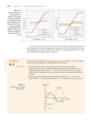 160 C H A P T E R 4 O P E R A T I O N A L A M P L I F I E R S
Figure 4.6
Transfer plots for the
op-amps listed in
Table 4.1. The supply
voltages are listed in
the plot legends. Note
that the LMC6492 and
MAX4240 have rail-to-
rail output voltages
(output voltage range
extends to power sup-
ply values), while the
LM324 and PA03 do
not.
15
10
5
0
–5
–10
–15
–20
–250 –200 –150 –100
Input voltage, vin (␮V)
Output
voltage,
v
o
(V)
–50 0 50 100 150 200 250
LM324@+/– 15 V
LMC6492@+/– 5 V
MAX4240@+/– 1.5 V
80
60
40
20
0
–20
–40
–60
–80
–1.0 –0.8 –0.6 –0.4
Input voltage, vin (mV)
Output
voltage,
v
o
(V)
–0.2 0.0 0.2 0.4 0.6 0.8 1.0
LM324@+/– 15 V
PA03@+/– 75 V
LMC6492@+/– 5 V
MAX4240@+/– 1.5 V
The input and output signals for an op-amp circuit are shown in Fig. 4.7. We wish to deter-
mine (a) if the op-amp circuit is linear and (b) the circuit’s gain.
a. We know that if the circuit is linear, the output must be linearly related, that is,
proportional, to the input. An examination of the input and output waveforms in Fig. 4.7
clearly indicates that in the region to 2.5 and 4 to 6 ms the output is constant
while the input is changing. In this case, the op-amp circuit is in saturation and therefore
not linear.
b. In the region where the output is proportional to the input, that is, to 1 ms, the
input changes by 1 V and the output changes by 3.3 V. Therefore, the circuit’s gain is 3.3.
t = 0
t = 1.25
Voltage (V)
Input
Input
Output
Output
t (ms)
1
–1
–3
–4
–2
3
2
0
1 3
2 4 5 6 7
Figure 4.7
An op-amp input–output
characteristic.
SOLUTION
EXAMPLE
4.1
Even though the op-amp can function within the minimum and maximum supply volt-
ages, because of the circuit configuration, an increase in the input voltage may not yield a
corresponding increase in the output voltage. In this case, the op-amp is said to be in satura-
tion. The following example addresses this issue.
irwin04-156-188hr.qxd 9-07-2010 14:17 Page 160
 