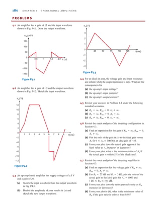 180 C H A P T E R 4 O P E R A T I O N A L A M P L I F I E R S
P R O B L E M S
•
4.1 An amplifier has a gain of 15 and the input waveform
shown in Fig. P4.1. Draw the output waveform.
Figure P4.1
4.2 An amplifier has a gain of and the output waveform
shown in Fig. P4.2. Sketch the input waveform.
Figure P4.2
4.3 An op-amp based amplifier has supply voltages of
and a gain of 20.
(a) Sketch the input waveform from the output waveform
in Fig. P4.3.
(b) Double the amplitude of your results in (a) and
sketch the new output waveform.
Figure P4.3
4.4 For an ideal op-amp, the voltage gain and input resistance
are infinite while the output resistance is zero. What are the
consequences for
(a) the op-amp’s input voltage?
(b) the op-amp’s input currents?
(c) the op-amp’s output current?
4.5 Revisit your answers in Problem 4.4 under the following
nonideal scenarios.
(a)
(b)
(c)
4.6 Revisit the exact analysis of the inverting configuration in
Section 4.3.
(a) Find an expression for the gain if
(b) Plot the ratio of the gain in (a) to the ideal gain versus
for for an ideal gain of
(c) From your plot, does the actual gain approach the
ideal value as increases or decreases?
(d) From your plot, what is the minimum value of if
the actual gain is within 5% of the ideal case?
4.7 Revisit the exact analysis of the inverting amplifier in
Section 4.3.
(a) Find an expression for the voltage gain if
(b) For and plot the ratio of the
actual gain to the ideal gain for and
(c) From your plot, does the ratio approach unity as
increases or decreases?
(d) From your plot in (b), what is the minimum value of
if the gain ratio is to be at least 0.98?
Rin
Rin
1 k  Rin  100 k.
Ao = 1000
R1 = 3 k,
R2 = 27 k
Ao Z q.
Rout = 0,
Rin Z q,
Ao
Ao
-10.
1  Ao  1000
Ao
Ao Z q.
Rout = 0,
Rin = q,
Ao = q.
Rout = 0,
Rin Z q,
Ao = q.
Rout 7 0,
Rin = q,
Ao Z q.
Rout = 0,
Rin = q,
vo(V)
t (ms)
1
3
2
–3
–2
–1
0
25 50 75 100 125
;5 V
vo(V)
t (ms)
2
5
6
10
12
4
–12
–8
–6
–4
–2
–10
0
1 2 3 4 5 6 7 8 9
-5
vin(mV)
t (s)
50
–100
–150
–50
150
100
0
0.5 1 1.5 2.0
irwin04-156-188hr.qxd 9-07-2010 14:17 Page 180
 