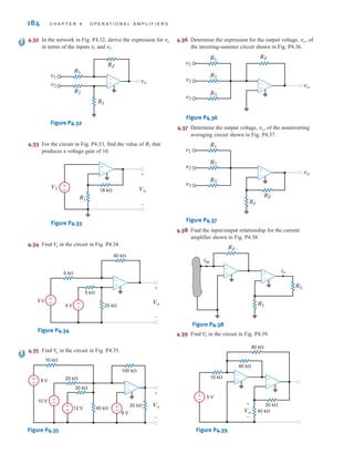 184 C H A P T E R 4 O P E R A T I O N A L A M P L I F I E R S
4.32 In the network in Fig. P4.32, derive the expression for
in terms of the inputs and
Figure P4.32
4.33 For the circuit in Fig. P4.33, find the value of that
produces a voltage gain of 10.
Figure P4.33
4.34 Find in the circuit in Fig. P4.34.
Figure P4.34
4.35 Find in the circuit in Fig. P4.35.
Figure P4.35
4.36 Determine the expression for the output voltage, of
the inverting-summer circuit shown in Fig. P4.36.
Figure P4.36
4.37 Determine the output voltage, of the noninverting
averaging circuit shown in Fig. P4.37.
Figure P4.37
4.38 Find the input/output relationship for the current
amplifier shown in Fig. P4.38.
Figure P4.38
4.39 Find in the circuit in Fig. P4.39.
Figure P4.39
±
–
80 k⍀
40 k⍀
40 k⍀
Vo
20 k⍀
10 k⍀
5 V
+
-
-
+
-
+
V
o
RL
RF
RI
io
iin
±
–
-
+
RF
RI
vo
R1
v1
v2
v3
R2
R3
±
–
vo,
RF
vo
R1
v1
v2
v3
R2
R3
-
+
vo,
±
–
-
+
±
–
±
–
40 k⍀
30 k⍀
100 k⍀
12 V
10 V
9 V
10 k⍀
20 k⍀
20 k⍀
6 V
Vo
+
-
-
+
V
o
±
–
±
–
40 k⍀
5 k⍀
5 k⍀
5 V
4 V 20 k⍀
Vo
+
-
-
+
V
o
±
–
V1
R1
18 k⍀ Vo
+
-
±
–
R1
v1
R1
R2
RI
RF
vo
v2
-
+
v2.
v1
vo
irwin04-156-188hr.qxd 9-07-2010 14:17 Page 184
 