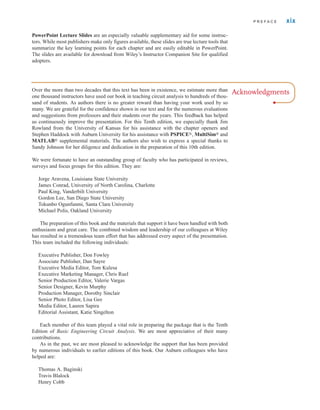 PowerPoint Lecture Slides are an especially valuable supplementary aid for some instruc-
tors. While most publishers make only figures available, these slides are true lecture tools that
summarize the key learning points for each chapter and are easily editable in PowerPoint.
The slides are available for download from Wiley’s Instructor Companion Site for qualified
adopters.
P R E F A C E xix
Acknowledgments
Over the more than two decades that this text has been in existence, we estimate more than
one thousand instructors have used our book in teaching circuit analysis to hundreds of thou-
sand of students. As authors there is no greater reward than having your work used by so
many. We are grateful for the confidence shown in our text and for the numerous evaluations
and suggestions from professors and their students over the years. This feedback has helped
us continuously improve the presentation. For this Tenth edition, we especially thank Jim
Rowland from the University of Kansas for his assistance with the chapter openers and
Stephen Haddock with Auburn University for his assistance with PSPICE®, MultiSim® and
MATLAB® supplemental materials. The authors also wish to express a special thanks to
Sandy Johnson for her diligence and dedication in the preparation of this 10th edition.
We were fortunate to have an outstanding group of faculty who has participated in reviews,
surveys and focus groups for this edition. They are:
Jorge Aravena, Louisiana State University
James Conrad, University of North Carolina, Charlotte
Paul King, Vanderbilt University
Gordon Lee, San Diego State University
Tokunbo Ogunfunmi, Santa Clara University
Michael Polis, Oakland University
The preparation of this book and the materials that support it have been handled with both
enthusiasm and great care. The combined wisdom and leadership of our colleagues at Wiley
has resulted in a tremendous team effort that has addressed every aspect of the presentation.
This team included the following individuals:
Executive Publisher, Don Fowley
Associate Publisher, Dan Sayre
Executive Media Editor, Tom Kulesa
Executive Marketing Manager, Chris Ruel
Senior Production Editor, Valerie Vargas
Senior Designer, Kevin Murphy
Production Manager, Dorothy Sinclair
Senior Photo Editor, Lisa Gee
Media Editor, Lauren Sapira
Editorial Assistant, Katie Singelton
Each member of this team played a vital role in preparing the package that is the Tenth
Edition of Basic Engineering Circuit Analysis. We are most appreciative of their many
contributions.
As in the past, we are most pleased to acknowledge the support that has been provided
by numerous individuals to earlier editions of this book. Our Auburn colleagues who have
helped are:
Thomas A. Baginski
Travis Blalock
Henry Cobb
irwin_fm_i-xxii-hr.qxd 3-09-2010 15:50 Page xix
 