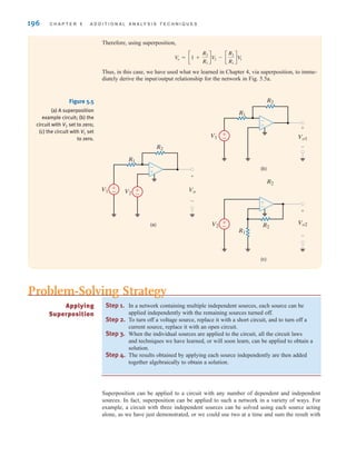 196 C H A P T E R 5 A D D I T I O N A L A N A LY S I S T E C H N I Q U E S
Therefore, using superposition,
Thus, in this case, we have used what we learned in Chapter 4, via superposition, to imme-
diately derive the input/output relationship for the network in Fig. 5.5a.
V
o = c1 +
R2
R1
dV
2 - c
R2
R1
dV
1
-
+
±
–
±
–
R2
R1
V1 V2
Vo
+
–
(a)
R2
-
+
±
–
R2
R1
V1 Vo1
+
–
(b)
+
-
±
–
V2
R1
R2
Vo2
+
–
(c)
Figure 5.5
(a) A superposition
example circuit; (b) the
circuit with set to zero;
(c) the circuit with set
to zero.
V1
V2
Step 1. In a network containing multiple independent sources, each source can be
applied independently with the remaining sources turned off.
Step 2. To turn off a voltage source, replace it with a short circuit, and to turn off a
current source, replace it with an open circuit.
Step 3. When the individual sources are applied to the circuit, all the circuit laws
and techniques we have learned, or will soon learn, can be applied to obtain a
solution.
Step 4. The results obtained by applying each source independently are then added
together algebraically to obtain a solution.
Applying
Superposition
Problem-Solving Strategy
Superposition can be applied to a circuit with any number of dependent and independent
sources. In fact, superposition can be applied to such a network in a variety of ways. For
example, a circuit with three independent sources can be solved using each source acting
alone, as we have just demonstrated, or we could use two at a time and sum the result with
irwin05-189-244hr2.qxd 22-07-2010 9:47 Page 196
 
