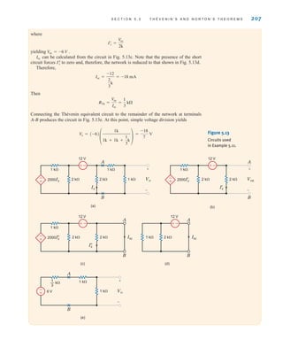 S E C T I O N 5 . 3 T H É V E N I N ’ S A N D N O R T O N ’ S T H E O R E M S 207
where
yielding .
can be calculated from the circuit in Fig. 5.13c. Note that the presence of the short
circuit forces to zero and, therefore, the network is reduced to that shown in Fig. 5.13d.
Therefore,
Then
Connecting the Thévenin equivalent circuit to the remainder of the network at terminals
A-B produces the circuit in Fig. 5.13e. At this point, simple voltage division yields
Vo = (-6)
°
1k
1k + 1k +
1
3
k
¢
=
-18
7
V
RTh =
V
oc
Isc
=
1
3
k
Isc =
-12
2
3
k
= -18 mA
Iﬂ
x
Isc
V
oc = -6 V
Iœ
x =
V
oc
2k
A
B
(a)
1 k
12 V
1 k
A
B
2000Ix 2 k
2 k 1 k Vo
-
+
Ix
–
±
+
–
1 k
12 V
2000I'
x 2 k
2 k Voc
-
+
(b)
–
±
I'
x
+
–
A
B
1 k
12 V
2000I
x 2 k
2 k Isc
-
+
(c)
I
x
–
±
A
B
2 k
1 k Isc
(d)
12 V
–
±
Vo
+
–
A
B
6 V 1 k
1 k
(e)
-
+
— k
1
3
Figure 5.13
Circuits used
in Example 5.11.
irwin05-189-244hr2.qxd 22-07-2010 9:47 Page 207
 
