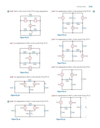 P R O B L E M S 229
5.16 Find Io in the circuit in Fig. P5.16 using superposition.
6 k
6 k
6 k
6 k
6 mA
12 V 6 V
+
– +
–
Io
Figure P5.16
5.17 Use superposition to find Io in the circuit in Fig. P5.17.
6 mA
6 k 6 k
6 k 6 k
12 mA
12 V +
–
Io
Figure P5.17
5.18 Use superposition to find Io in the network in Fig. P5.18.
6 k
6 mA 4 mA
6 k 6 k
6 k
Io
Figure P5.18
5.19 Use superposition to find Vo in the circuit in Fig. P5.19.
3 k
12 V 6 V
3 k 3 k
3 k
+
–
+
–
Vo
+
–
Figure P5.19
5.20 Use superposition to find Vo in the network in Fig. P5.20.
6 k
6 k
12 V 6 V
6 mA
6 k
6 k 6 k
+
–
+
–
Vo
+
–
Figure P5.20
5.21 Use superposition to find Io in the circuit in Fig. P5.21.
6 k
6 k 6 k
12 V
6 mA 4 mA
6 k
12 k
+
–
Io
Figure P5.21
5.22 Use superposition to find Io in the network in Fig. P5.22.
4 k
6 V
12 V 6 mA
3 k
6 k
+
–
+
–
Io
Figure P5.22
5.23 Use superposition to find Vo in the circuit in Fig. P5.23.
12 V 6 mA
3 k
3 k 3 k
3 k
+
–
Vo
+
–
Figure P5.23
irwin05-189-244hr2.qxd 22-07-2010 9:47 Page 229
 