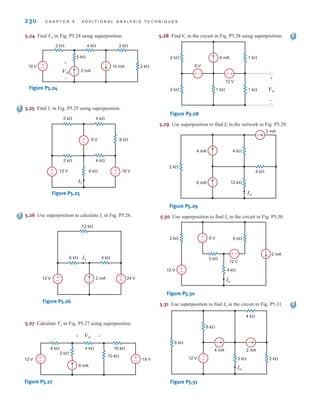 230 C H A P T E R 5 A D D I T I O N A L A N A LY S I S T E C H N I Q U E S
5.30 Use superposition to find in the circuit in Fig. P5.30.
Io
5.28 Find in the circuit in Fig. P5.28 using superposition.
V
o
5.29 Use superposition to find in the network in Fig. P5.29.
Io
–
+ +
–
2 k 1 k
2 k 1 k
1 k
6 V
12 V
4 mA
Vo
+
–
Figure P5.28
4 mA
6 mA
2 k
4 k
2 mA
12 k
Io
4 k
Figure P5.29
5.31 Use superposition to find in the circuit in Fig. P5.31.
Io
6 V
12 V
6 k
2 k
12 V 4 k
3 k
2 mA
+
–
Io
–
+
–
+
Figure P5.30
Io
2 k
3 k
4 mA
12 V
2 mA
4 k
6 k
6 k
–
+
Figure P5.31
5.24 Find VA in Fig. P5.24 using superposition.
2 k 4 k 2 k
2 k
10 mA
2 mA
5 k
10 V +
–
VA
+
–
Figure P5.24
5.25 Find I1 in Fig. P5.25 using superposition.
I1
12 V 16 V
8 V
4 k
8 k
2 k
4 k
6 k
2 k
–
+
–
+
–
+
Figure P5.25
5.26 Use superposition to calculate Ix in Fig. P5.26.
Ix
12 V 24 V
12 k
4 k
2 mA
6 k
–
+
–
+
Figure P5.26
5.27 Calculate Vo in Fig. P5.27 using superposition.
6 k
6 mA
4 k 10 k
10 k
2 k
12 V 18 V
+
–
+
–
Vo
+ –
Figure P5.27
irwin05-189-244hr2.qxd 22-07-2010 9:47 Page 230
 