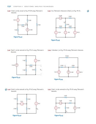 232 C H A P T E R 5 A D D I T I O N A L A N A LY S I S T E C H N I Q U E S
5.40 Find Io in the circuit in Fig. P5.40 using Thévenin’s
theorem.
5.44 Calculate Ix in Fig. P5.44 using Thévenin’s theorem.
5.41 Find Vo in the network in Fig. P5.41 using Thévenin’s
theorem.
5.42 Find Io in the network in Fig. P5.42 using Thévenin’s
theorem.
5.43 Use Thévenin’s theorem to find Io in Fig. P5.43.
12 V
4 mA
1 k
1 k
2 k
2 k Vo
+
–
+
–
Figure P5.41
6 V
12 V
2 k
1 k
1 k
2 k
+
– +
–
Io
Figure P5.42
5.45 Find in the network in Fig. P5.45 using Thévenin’s
theorem.
Io
I0
12 V 8 V 16 V
4 k
2 mA
4 k
2 k
2 k
–
+
–
+
–
+
Figure P5.43
Ix
12 V 24 V
12 k
2 mA
4 k
6 k
–
+
–
+
Figure P5.44
Io
6 V 2 mA
1 k
1 mA 1 k
1 k
–
+
Figure P5.45
12 V
2 mA
2 k
1 k
2 k
1 k
+
–
Io
Figure P5.40
irwin05-189-244hr2.qxd 22-07-2010 9:47 Page 232
 