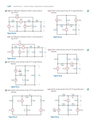 236 C H A P T E R 5 A D D I T I O N A L A N A LY S I S T E C H N I Q U E S
5.74 Find in the network in Fig. P5.74 using Thévenin’s
theorem.
V
o
5.73 Find in the circuit in Fig. P5.73 using Thévenin’s
theorem.
V
o
1 k⍀
1 k⍀
1 k⍀ 1 k⍀
1 k⍀
2 mA
12 V
Ix
Vo
+
–
2 Ix
+
–
Figure P5.73
1 k⍀
2 k⍀
2 mA
2 k⍀
1 k⍀
12 V Vo
+
–
Vx
2 Vx
+
–
+
– +
–
1 k⍀
Figure P5.74
5.70 Use Thévenin’s theorem to find Vo in the network in
Fig. P5.70.
3 k⍀
1 k⍀
3 k⍀
1 mA
Vo
+
–
2 k⍀
Vx
4000
––––
Vx
+
–
Figure P5.71
5.72 Find in the network in Fig. P5.72 using Thévenin’s
theorem.
Io
Io
1 k⍀
2 k⍀
1 k⍀
1 k⍀
1 k⍀
4 V 2 V
+
–
+
–
+
–
Vx
2 Vx
+
–
Figure P5.72
5.69 Use Thévenin’s theorem to find Vo in the circuit in
Fig. P5.69.
4 mA
2 mA
12 V
–
+
+
–
2 Vx Vo
+
–
Vx
+
–
1 k⍀ 1 k⍀ 1 k⍀
1 k⍀
1 k⍀
Figure P5.69
4 mA 2 mA
12 V
–+
+
–
2 Vx
Vo
+
–
Vx
+
–
1 k⍀
1 k⍀ 1 k⍀
1 k⍀ 1 k⍀
Figure P5.70
5.71 Find in the network in Fig. P5.71 using Norton’s
theorem.
V
o
5.75 Find in the network of Fig. P5.75 using Thévenin’s
theorem.
V
o
1 k⍀
1 k⍀
1 k⍀
1 k⍀
2 k⍀
2 k⍀ 1 k⍀
1 mA
4 mA
Vo
Vx
+
–
2 Vx
1000
–––––
– +
Figure P5.75
irwin05-189-244hr3.qxd 2-08-2010 16:41 Page 236
 