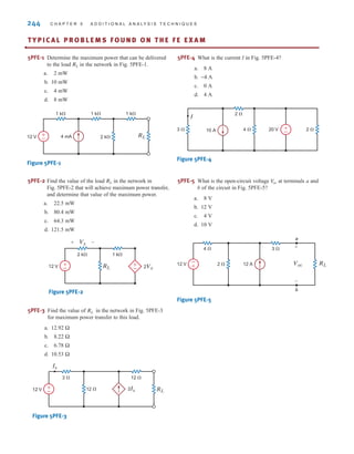 244 C H A P T E R 5 A D D I T I O N A L A N A LY S I S T E C H N I Q U E S
5PFE-1 Determine the maximum power that can be delivered
to the load in the network in Fig. 5PFE-1.
a. 2 mW
b. 10 mW
c. 4 mW
d. 8 mW
RL
RL
1 k 1 k 1 k
2 k
12 V 4 mA
±
–
Figure 5PFE-1
•
5PFE-2 Find the value of the load in the network in
Fig. 5PFE-2 that will achieve maximum power transfer,
and determine that value of the maximum power.
a. 22.5 mW
b. 80.4 mW
c. 64.3 mW
d. 121.5 mW
RL
RL 2Vx
2 k 1 k
12 V ±
–
±
–
Vx
+ -
Figure 5PFE-2
RL
Ix
2Ix
3  12 
12 
12 V ±
–
Figure 5PFE-3
5PFE-3 Find the value of in the network in Fig. 5PFE-3
for maximum power transfer to this load.
a. 12.92 Ω
b. 8.22 Ω
c. 6.78 Ω
d. 10.53 Ω
RL
±
–
3  4  2 
2 
10 A 20 V
I
Figure 5PFE-4
5PFE-4 What is the current I in Fig. 5PFE-4?
a. 8 A
b. −4 A
c. 0 A
d. 4 A
±
– 2 
4  3 
12 A
a
b
12 V Voc RL
+
-
Figure 5PFE-5
5PFE-5 What is the open-circuit voltage at terminals a and
b of the circuit in Fig. 5PFE-5?
a. 8 V
b. 12 V
c. 4 V
d. 10 V
V
oc
TY P I C A L P R O B L E M S F O U N D O N T H E F E E X A M
irwin05-189-244hr2.qxd 22-07-2010 9:47 Page 244
 