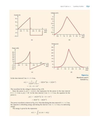S E C T I O N 6 . 1 C A P A C I T O R S 251
In the time interval 2 ms ⱕ t ⱕ 4 ms,
The waveform for the voltage is shown in Fig. 6.5b.
Since the power is p(t)=v(t)i(t), the expression for the power in the time interval
0 ⱕ t ⱕ 2 ms is p(t)=8t3
. In the time interval 2 ms ⱕ t ⱕ 4 ms, the equation for the
power is
The power waveform is shown in Fig. 6.5c. Note that during the time interval 0 ⱕ t ⱕ 2 ms,
the capacitor is absorbing energy and during the interval 2 ms ⱕ t ⱕ 4 ms, it is delivering
energy.
The energy is given by the expression
w(t) =
3
t
t0
p(x)dx + wAt0B
= 16A10-6
Bt - 64A10-9
B
p(t) = -(8)A10-6
BA-2t + 8 * 10-3
B
= -2t + 8 * 10-3
v(t) =
1
(4)A10-6
B 3
t
2A10-3
B
- A8BA10-6
Bdx + A4BA10-3
B
0
Time
(ms)
Current (A)
–10
–5
5
10
15
0.5 1 1.5 2.5 3 3.5
(a)
2 4
Time
(ms)
Voltage (mV)
0
0.5
1
1.5
3
3.5
0.5 1 1.5 2 2.5 3 3.5 4
2
2.5
4
(b)
Time
(ms)
Energy (pJ)
0
0.5 1 1.5 2 2.5 3 3.5 4
5
10
15
20
25
30
35
(d)
Time
(ms)
Power (nW)
0
50
2.5 3 4
3.5
60
40
30
20
10
–10
–20
–30
(c)
0.5 1 1.5
2
Figure 6.5
Waveforms used in
Example 6.4.
irwin06-245-295hr.qxd 9-07-2010 14:27 Page 251
 