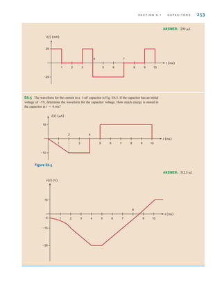 S E C T I O N 6 . 1 C A P A C I T O R S 253
ANSWER: 312.5 nJ.
ANSWER: 250 ␮J.
Figure E6.5
t (ms)
–25
25
1 2 3
4
5 6
7
8 9 10
i(t) (mA)
t (ms)
–10
10
1
2
3
4
5 6 7 8 9 10
i(t) (␮A)
t (ms)
–15
–5
–35
15
1 2 3 4 5 6 7
8
9 10
v(t) (V)
E6.5 The waveform for the current in a 1-nF capacitor is Fig. E6.5. If the capacitor has an initial
voltage of –5V, determine the waveform for the capacitor voltage. How much energy is stored in
the capacitor at t=6 ms?
irwin06-245-295hr.qxd 9-07-2010 14:27 Page 253
 