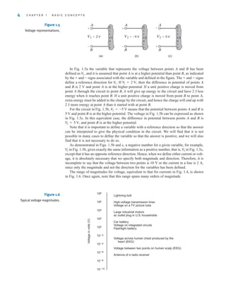 In Fig. 1.5a the variable that represents the voltage between points A and B has been
defined as and it is assumed that point A is at a higher potential than point B, as indicated
by the ± and – signs associated with the variable and defined in the figure. The ± and – signs
define a reference direction for If then the difference in potential of points A
and B is 2 V and point A is at the higher potential. If a unit positive charge is moved from
point A through the circuit to point B, it will give up energy to the circuit and have 2 J less
energy when it reaches point B. If a unit positive charge is moved from point B to point A,
extra energy must be added to the charge by the circuit, and hence the charge will end up with
2 J more energy at point A than it started with at point B.
For the circuit in Fig. 1.5b, means that the potential between points A and B is
5 V and point B is at the higher potential. The voltage in Fig. 1.5b can be expressed as shown
in Fig. 1.5c. In this equivalent case, the difference in potential between points A and B is
and point B is at the higher potential.
Note that it is important to define a variable with a reference direction so that the answer
can be interpreted to give the physical condition in the circuit. We will find that it is not
possible in many cases to define the variable so that the answer is positive, and we will also
find that it is not necessary to do so.
As demonstrated in Figs. 1.5b and c, a negative number for a given variable, for example,
in Fig. 1.5b, gives exactly the same information as a positive number, that is, in Fig. 1.5c,
except that it has an opposite reference direction. Hence, when we define either current or volt-
age, it is absolutely necessary that we specify both magnitude and direction. Therefore, it is
incomplete to say that the voltage between two points is 10 V or the current in a line is 2 A,
since only the magnitude and not the direction for the variables has been defined.
The range of magnitudes for voltage, equivalent to that for currents in Fig. 1.4, is shown
in Fig. 1.6. Once again, note that this range spans many orders of magnitude.
V2
V
2
V
2 = 5 V,
V
2 = -5 V
V
1 = 2 V,
V1.
V
1,
4 C H A P T E R 1 B A S I C C O N C E P T S
Figure 1.5
Voltage representations.
+
–
+
–
–
+
V1=2 V V2=–5 V V2=5 V
A
C
i
r
c
u
i
t
1
C
i
r
c
u
i
t
2
C
i
r
c
u
i
t
3
A A
B
(a) (b) (c)
B B
Figure 1.6
Typical voltage magnitudes.
Lightning bolt
High-voltage transmission lines
Voltage on a TV picture tube
Large industrial motors
ac outlet plug in U.S. households
Car battery
Voltage on integrated circuits
Flashlight battery
Voltage across human chest produced by the
heart (EKG)
Voltage between two points on human scalp (EEG)
Antenna of a radio receiver
108
106
104
102
100
10–2
10–4
10–6
10–8
10–10
Voltage
in
volts
(V)
irwin01_001-024hr.qxd 30-06-2010 13:16 Page 4
 