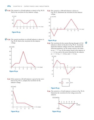 284 C H A P T E R 6 C A P A C I T A N C E A N D I N D U C T A N C E
6.29 The current in a 30-mH inductor is shown in Fig. P6.29.
Derive the waveform for the inductor voltage.
Figure P6.29
6.30 The current waveform in a 40-mH inductor is shown in
Fig. P6.30. Derive the waveform for the inductor
voltage.
Figure P6.30
6.31 If the current in a 60-mH inductor is given by the wave-
form in Fig. P6.31, compute the waveform for the
inductor voltage.
Figure P6.31
i(t) (mA)
t (ms)
2
4
6
8
2 4 6 8 10
i(t) (mA)
t (ms)
5
10
15
20
2 4 6 8 10 12
i(t) (mA)
t (ms)
60
120
10 20 30 40 50 60 70
6.32 The current in a 200-mH inductor is shown in
Fig. P6.32. Determine the waveform for the inductor
voltage.
Figure P6.32
6.33 The waveform for the current flowing through a 0.5-H
inductor is shown in the plot in Fig. P6.33. Accurately
sketch the inductor voltage versus time. Determine the
following quantities: (a) the energy stored in the induc-
tor at t=1.7 ms, (b) the energy stored in the inductor at
t=4.2 ms, and (c) the power absorbed by the inductor
at t=1.2 ms, t=2.8 ms, and t=5.3 ms.
Figure P6.33
6.34 The current in a 10-mH inductor is shown in Fig. P6.34.
Determine the waveform for the voltage across the
inductor.
Figure P6.34
i(t) (mA)
t (ms)
0
–12
1 2 3 4 5 6
+
-
i(t) vL(t) 0.5 H
t (ms)
5
10
–5
–10
1 2 3
4
5 6
i(t) (mA)
t (ms)
20
40
60
–20
–40
2 4 6 8
10 12 14 16
i(t) (mA)
irwin06-245-295hr.qxd 9-07-2010 14:27 Page 284
 