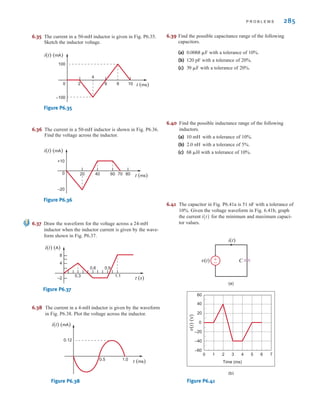 P R O B L E M S 285
6.35 The current in a 50-mH inductor is given in Fig. P6.35.
Sketch the inductor voltage.
Figure P6.35
6.36 The current in a 50-mH inductor is shown in Fig. P6.36.
Find the voltage across the inductor.
Figure P6.36
6.37 Draw the waveform for the voltage across a 24-mH
inductor when the inductor current is given by the wave-
form shown in Fig. P6.37.
Figure P6.37
6.38 The current in a 4-mH inductor is given by the waveform
in Fig. P6.38. Plot the voltage across the inductor.
Figure P6.38
0.5 1.0
i(t) (mA)
t (ms)
0.12
i(t) (A)
t (s)
0.3
0.6
1.1
8
4
–2
0.9
i(t) (mA)
t (ms)
0
–20
+10
20 40 60 80
70
i(t) (mA)
0 t (ms)
2
4
–100
6 8 10
100
6.39 Find the possible capacitance range of the following
capacitors.
(a) with a tolerance of 10%.
(b) with a tolerance of 20%.
(c) with a tolerance of 20%.
6.40 Find the possible inductance range of the following
inductors.
(a) with a tolerance of 10%.
(b) with a tolerance of 5%.
(c) with a tolerance of 10%.
6.41 The capacitor in Fig. P6.41a is 51 nF with a tolerance of
10%. Given the voltage waveform in Fig. 6.41b, graph
the current for the minimum and maximum capaci-
tor values.
Figure P6.41
(a)
±
– C
i(t)
v(t)
(b)
v(t)
(
V
)
0 1 2 3 4 5 6 7
Time (ms)
–60
–40
–20
0
20
40
60
i(t)
68 ␮H
2.0 nH
10 mH
39 ␮F
120 pF
0.0068 ␮F
irwin06-245-295hr.qxd 9-07-2010 14:27 Page 285
 