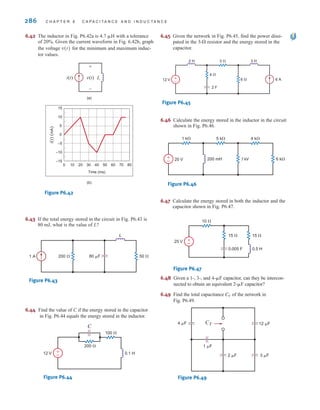 286 C H A P T E R 6 C A P A C I T A N C E A N D I N D U C T A N C E
6.42 The inductor in Fig. P6.42a is 4.7 with a tolerance
of 20%. Given the current waveform in Fig. 6.42b, graph
the voltage for the minimum and maximum induc-
tor values.
Figure P6.42
6.43 If the total energy stored in the circuit in Fig. P6.43 is
80 mJ, what is the value of L?
Figure P6.43
6.44 Find the value of C if the energy stored in the capacitor
in Fig. P6.44 equals the energy stored in the inductor.
Figure P6.44
200 ⍀
100 ⍀
0.1 H
C
12 V ±
–
200 ⍀
L
80 ␮F 50 ⍀
1 A
L
i(t)
(a)
(b)
i(t)
(
mA
)
0 10 20 30 40 60 70 80
50
Time (ms)
–15
–10
–5
0
5
10
15
±
–
v(t)
v(t)
␮H 6.45 Given the network in Fig. P6.45, find the power dissi-
pated in the resistor and the energy stored in the
capacitor.
Figure P6.45
6.46 Calculate the energy stored in the inductor in the circuit
shown in Fig. P6.46.
Figure P6.46
6.47 Calculate the energy stored in both the inductor and the
capacitor shown in Fig. P6.47.
Figure P6.47
6.48 Given a 1-, 3-, and capacitor, can they be intercon-
nected to obtain an equivalent capacitor?
6.49 Find the total capacitance of the network in
Fig. P6.49.
Figure P6.49
4 ␮F
1 ␮F
2 ␮F 3 ␮F
12 ␮F
CT
CT
2-␮F
4-␮F
10 ⍀
0.005 F 0.5 H
15 ⍀ 15 ⍀
25 V +
–
5 k⍀ 4 k⍀
1 k⍀
6 k⍀
200 mH 7 kV
20 V
+
–
2 F
4 ⍀
3 ⍀ 3 H
2 H
6 ⍀ 6 A
12 V ±
–
3-⍀
irwin06-245-295hr.qxd 9-07-2010 14:27 Page 286
 