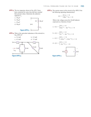 T Y P I C A L P R O B L E M S F O U N D O N T H E F E E X A M 295
6PFE-3 The two capacitors shown in Fig. 6FE-3 have
been connected for some time and have reached
their present values. Determine the unknown
capacitor
a.
b.
c.
d.
Figure 6PFE-3
6PFE-4 What is the equivalent inductance of the network in
Fig. 6PFE-4?
a. 9.5 mH b. 2.5 mH
c. 6.5 mH d. 3.5 mH
Figure 6PFE-4
9 mH
6 mH
3 mH
3 mH
2 mH
12 mH
Leq
24 V
8 V 60 ␮F
Cx
+ +
-
-
90 ␮F
10 ␮F
30 ␮F
20 ␮F
Cx.
6PFE-5 The current source in the circuit in Fig. 6PFE-5 has
the following operating characteristics:
What is the voltage across the 10-mH inductor
expressed as a function of time?
a.
b.
c.
d.
Figure 6PFE-5
v(t)
L
i(t)
+
-
v(t) = e
0 V, t 6 0
-2te-2t
V, t 7 0
v(t) = e
0 V, t 6 0
-0.2te-2t
+ 0.4e-2t
V, t 7 0
v(t) = e
0 V, t 6 0
2e-2t
+ 4te-2t
V, t 7 0
v(t) = e
0 V, t 6 0
0.2e-2t
- 4te-2t
V, t 7 0
i(t) = e
0 A, t 6 0
20te-2t
A, t 7 0
irwin06-245-295hr.qxd 9-07-2010 14:27 Page 295
 