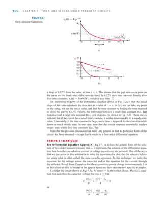 a drop of 63.2% from the value at time This means that the gap between a point on
the curve and the final value of the curve is closed by 63.2% each time constant. Finally, after
five time constants, which is less than 1%.
An interesting property of the exponential function shown in Fig. 7.2a is that the initial
slope of the curve intersects the time axis at a value of In fact, we can take any point
on the curve, not just the initial value, and find the time constant by finding the time required
to close the gap by 63.2%. Finally, the difference between a small time constant (i.e., fast
response) and a large time constant (i.e., slow response) is shown in Fig. 7.2b. These curves
indicate that if the circuit has a small time constant, it settles down quickly to a steady-state
value. Conversely, if the time constant is large, more time is required for the circuit to settle
down or reach steady state. In any case, note that the circuit response essentially reaches
steady state within five time constants (i.e., 5␶).
Note that the previous discussion has been very general in that no particular form of the
circuit has been assumed—except that it results in a first-order differential equation.
ANALYSIS TECHNIQUES
The Differential Equation Approach Eq. (7.11) defines the general form of the solu-
tion of first-order transient circuits; that is, it represents the solution of the differential equa-
tion that describes an unknown current or voltage anywhere in the network. One of the ways
that we can arrive at this solution is to solve the equations that describe the network behav-
ior using what is often called the state-variable approach. In this technique we write the
equation for the voltage across the capacitor and/or the equation for the current through
the inductor. Recall from Chapter 6 that these quantities cannot change instantaneously. Let
us first illustrate this technique in the general sense and then examine two specific examples.
Consider the circuit shown in Fig. 7.3a. At time the switch closes. The KCL equa-
tion that describes the capacitor voltage for time is
or
dv(t)
dt
+
v(t)
RC
=
V
S
RC
C
dv(t)
dt
+
v(t) - V
S
R
= 0
t 7 0
t = 0,
t = ␶.
xc(t) = 0.0067K2,
t = ␶.
300 C H A P T E R 7 F I R S T- A N D S E C O N D - O R D E R T R A N S I E N T C I R C U I T S
K2
t
0.368K2
0
0.632 GG
 2 3 4

xc(t)=K2e–t/
(a)
t
0
0.2
0.4
0.6
0.8
1.0
1 2 3 4
e–t/
=4 s
=0.5 s
(b)
Figure 7.2
Time-constant illustrations.
irwin07_296-368hr.qxd 28-07-2010 11:34 Page 300
 