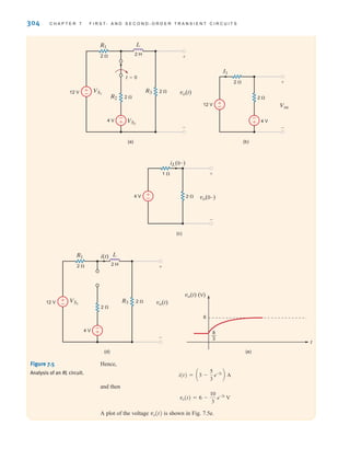 304 C H A P T E R 7 F I R S T- A N D S E C O N D - O R D E R T R A N S I E N T C I R C U I T S
Hence,
and then
A plot of the voltage vo(t) is shown in Fig. 7.5e.
vo(t) = 6 -
10
3
e-2t
V
i(t) = a3 -
5
3
e-2t
b A
(c)
4 V
1 
2  vo(0–)
iL(0–)
+
-
±
–
(b)
12 V
4 V
2 
2 
Voc
I1
+
-
±
–
±
–
(a)
R1 L
12 V
4 V
t=0
2 
R2
VS1
VS2
2 
R3 2 
2 H
±
–
±
–
vo(t)
+
-
(e)
6
t
vo(t) (V)
(d)
R1 L
12 V
4 V
2 
VS1
2 
R3 2 
2 H
±
–
±
–
vo(t)
i(t)
+
-
8
—
3
Figure 7.5
Analysis of an RL circuit.
irwin07_296-368hr.qxd 28-07-2010 11:34 Page 304
 