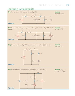 S E C T I O N 7 . 2 F I R S T- O R D E R C I R C U I T S 305
E7.1 Find for in the circuit shown in Fig. E7.1.
t 7 0
vC(t)
Learning Assessments
ANSWER:
vC(t) = 8e-t兾0.6
V.
±
–
12 V vc(t)
3 k 4 k
t=0
2 k
100 F
+
-
vo(t)
+
-
Figure E7.1
±
–
12 V
12 
2 H
i2(t)
i1(t)
6 
t=0
Figure E7.3
E7.3 In the circuit shown in Fig. E7.3, the switch opens at . Find for t 7 0.
i1(t)
t = 0 ANSWER:
i1(t) = 1e-9t
A.
E7.2 Use the differential equation approach to find vo(t) for t0 in Fig. E7.2. Plot the
response.
ANSWER: vo(t)=
12-5e-t/0.015
V.
+
–
9 V 2 mA
vo(t)
6 k
6 k
t=0
6 k
2.5 F
+
-
Figure E7.2
E7.4 Use the differential equation approach to find i(t) for t0 in Fig. E7.4. ANSWER: i(t)=
-2+6e-t/5⫻10-6
mA.
+
–
2 k 2 k
12 V
6 V
6 mH
i(t)
3 k
t = 0
+
-
Figure E7.4
irwin07_296-368hr.qxd 28-07-2010 11:34 Page 305
 
