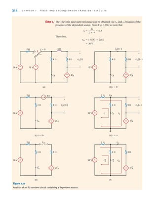 314 C H A P T E R 7 F I R S T- A N D S E C O N D - O R D E R T R A N S I E N T C I R C U I T S
Step 5. The Thévenin equivalent resistance can be obtained via voc and isc because of the
presence of the dependent source. From Fig. 7.10e we note that
Therefore,
= 36 V
voc = (4)(6) + 2(6)
iﬂ
A =
36
2 + 4
= 6 A
±
–
36 V ±
–
12 V
2  3 H
t=0
6 
4 
2iA
iA
vo(t)
-
+
+
-
2
1
(a)
±
–
12 V
6 
4 
2iA
iA
vo(0–)
iL(0–)
-
+
+
-
(b) t=0–
±
–
36 V
6 
4 
3 A
2 
2iA
iA
vo(0±)
-
+
+
-
(c) t=0±
±
–
36 V
6 
4 
2  vB
2i'
A
i'
A
i1
vo(∞)
-
+
+
-
(d) t=
±
–
36 V
6 
4 
2  voc
2i
A
i
A
-
+
(e)
±
–
36 V
6 
4 
2 
2iA
'
iA
' isc
isc
iA
'
-
+
(f)
+–
i2
Figure 7.10
Analysis of an RL transient circuit containing a dependent source.
irwin07_296-368hr.qxd 28-07-2010 11:34 Page 314
 