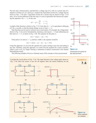 S E C T I O N 7 . 2 F I R S T- O R D E R C I R C U I T S 317
The unit step is dimensionless, and therefore a voltage step of volts or a current step of Io
amperes is written as and respectively. Equivalent circuits for a voltage step are
shown in Figs. 7.11b and c. Equivalent circuits for a current step are shown in Figs. 7.11d
and e. If we use the definition of the unit step, it is easy to generalize this function by replac-
ing the argument t by t-t0. In this case
A graph of this function is shown in Fig. 7.11f. Note that is equivalent to delaying
u(t) by t0 seconds, so that the abrupt change occurs at time t=t0.
Step functions can be used to construct one or more pulses. For example, the voltage pulse
shown in Fig. 7.12a can be formulated by initiating a unit step at t=0 and subtracting one
that starts at t=T, as shown in Fig. 7.12b. The equation for the pulse is
If the pulse is to start at t=t0 and have width T, the equation would be
Using this approach, we can write the equation for a pulse starting at any time and ending at
any time. Similarly, using this approach, we could write the equation for a series of pulses,
called a pulse train, by simply forming a summation of pulses constructed in the manner
illustrated previously.
The following example will serve to illustrate many of the concepts we have just presented.
v(t) = AEuAt - t0B - uCt - At0 + TB D F
v(t) = ACu(t) - u(t - T)D
uAt - t0B
uAt - t0B = b
0
1
t 6 t0
t 7 t0
Iou(t),
V
o u(t)
V
o
t
t
T
T
A
(a)
(b)
v(t)
A
Au(t)
–Au(t-T)
–A
v(t)
Figure 7.12
Construction of a pulse via
two step functions.
Consider the circuit shown in Fig. 7.13a. The input function is the voltage pulse shown in
Fig. 7.13b. Since the source is zero for all negative time, the initial conditions for the
(b)
(a)
9
0 0.3
v(t) (V)
t(s)
vC(t)
v(t)
6 k
100 F
8 k
4 k
±
–
+
-
vo(t)
+
-
(c) t=0 (d)
8 k
4 k
vo(0±)=0
vc(0)=0
+
-
8 k
9 V
6 k 4 k
±
– vo(∞)
+
-
(e) (f)
4
2.11
0 0.3
vo(t) (V)
t(s)
8 k
6 k 4 k
RTh
Figure 7.13
Pulse response
of a network.
EXAMPLE
7.6
irwin07_296-368hr.qxd 28-07-2010 11:34 Page 317
 