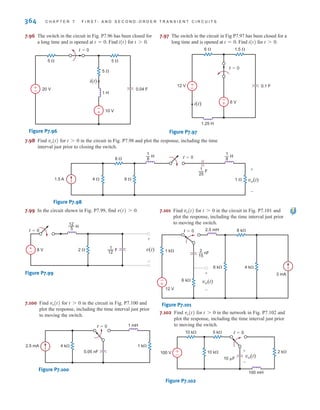 364 C H A P T E R 7 F I R S T- A N D S E C O N D - O R D E R T R A N S I E N T C I R C U I T S
7.98 Find for in the circuit in Fig. P7.98 and plot the response, including the time
interval just prior to closing the switch.
Figure P7.98
8 
6 
4 
1.5 A 1 
— F
1
25
t=0
vo(t)
+
-
— H
1
8
— H
1
8
t 7 0
vo(t)
7.96 The switch in the circuit in Fig. P7.96 has been closed for
a long time and is opened at Find for
Figure P7.96
7.97 The switch in the circuit in Fig P7.97 has been closed for a
long time and is opened at Find for .
Figure P7.97
1.5 
6 
0.1 F
1.25 H
12 V
6 V
t=0
i(t)
±
–
±
–
t 7 0
i(t)
t = 0.
5 
5 
5 
1 H
0.04 F
20 V
10 V
t=0
i(t)
±
–
–
±
t 7 0.
i(t)
t = 0.
7.99 In the circuit shown in Fig. P7.99, find .
Figure P7.99
7.100 Find for in the circuit in Fig. P7.100 and
plot the response, including the time interval just prior
to moving the switch.
Figure P7.100
7.101 Find for in the circuit in Fig. P7.101 and
plot the response, including the time interval just prior
to moving the switch.
Figure P7.101
7.102 Find for in the network in Fig. P7.102 and
plot the response, including the time interval just prior
to moving the switch.
Figure P7.102
10 k
100 mH
10 k 5 k
2 k
100 V
t=0
10 F
±
– vo(t)
+
-
t 7 0
vo(t)
6 k
1 k
2.5 mH
3 mA
6 k 4 k
12 V
8 k
t=0
±
–
vo(t)
+
-
— nF
2
15
t 7 0
vo(t)
4 k 1 k
2.5 mA
1 mH
t=0
0.05 nF
t 7 0
vo(t)
8 V
t=0
±
– v(t)
+
-
—
12
5
H
—
1
12
F
2 
v(t) 7 0
irwin07_296-368hr.qxd 28-07-2010 11:34 Page 364
 