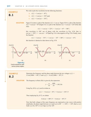 372 C H A P T E R 8 A C S T E A D Y- S T A T E A N A LY S I S
We wish to plot the waveforms for the following functions:
a.
b. and
c.
Figure 8.3a shows a plot of the function v(t) = 1 cos t. Figure 8.3b is a plot of the function
Figure 8.3c is a plot of the function Note that
since
this waveform is 180° out of phase with the waveform in Fig. 8.3b; that is,
and Fig. 8.3c is the negative of Fig. 8.3b. Finally, since
the function
this function is identical to that shown in Fig. 8.3b.
v(t) = 1 cos(t - 315°) = 1 cos(t - 315° + 360°) = 1 cos(t + 45°)
cos(t + 225°) = -cos(t + 45°),
v(t) = 1 cos(t + 225°) = 1 cos(t + 45° + 180°)
v(t) = 1cos(t + 225°).
v(t) = 1cos(t + 45°).
v(t) = 1 cos(t - 315°).
v(t) = 1 cos(t + 225°),
v(t) = 1 cos(t + 45°),
EXAMPLE
8.1
SOLUTION
Figure 8.3
Cosine waveforms with
various phase angles.
1
45° t
–45° 135° 225° 315°
(c)
1
v(t)
90° t
180° 270°360°
(a)
1
v(t) v(t)
45°
t
–45°
135°
225°315°
(b)
Determine the frequency and the phase angle between the two voltages
and v2(t) =
The frequency in Hertz (Hz) is given by the expression
Using Eq. (8.9), can be written as
Then employing Eq. (8.7), we obtain
Now that both voltages of the same frequency are expressed as sine waves with positive
amplitudes, the phase angle between and is 60°-(–60°)=120°; that is,
leads by 120° or lags by 120°.
v1(t)
v2(t)
v2(t)
v1(t)
v2(t)
v1(t)
6 sin(t + 300°) V = 6 sin(t - 60°) V
v2(t) = -6 cos(t + 30°) = 6 cos(t + 210°) V
v2(t)
f =

2
=
1000
2
= 159.2 Hz
-6 cos(1000t + 30°) V.
12 sin(1000t + 60°) V
v1(t) =
EXAMPLE
8.2
SOLUTION
irwin08_369-434hr.qxd 28-07-2010 12:03 Page 372
 