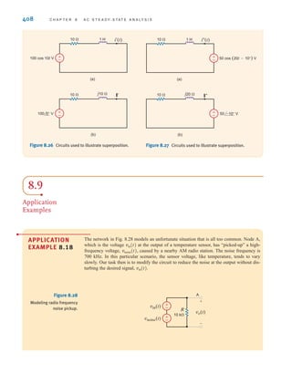 408 C H A P T E R 8 A C S T E A D Y- S T A T E A N A LY S I S
Figure 8.26 Circuits used to illustrate superposition.
±
–
i'(t)
10  1 H
100 cos 10t V
(a)
±
–
10  j10 
100 0° V
I'
(b)
±
–
±
–
i(t)
10  1 H
50 cos (20t-10°) V
(a)
10  j20  I
(b)
50 –10° V
Figure 8.27 Circuits used to illustrate superposition.
8.9
Application
Examples
APPLICATION
EXAMPLE 8.18
The network in Fig. 8.28 models an unfortunate situation that is all too common. Node A,
which is the voltage at the output of a temperature sensor, has “picked-up” a high-
frequency voltage, caused by a nearby AM radio station. The noise frequency is
700 kHz. In this particular scenario, the sensor voltage, like temperature, tends to vary
slowly. Our task then is to modify the circuit to reduce the noise at the output without dis-
turbing the desired signal, vin(t).
vnoise(t),
vin(t)
Figure 8.28
Modeling radio frequency
noise pickup.
±
–
vo(t)
vin(t)
vnoise(t)
R
A
10 k
+
-
±
–
irwin08_369-434hr.qxd 28-07-2010 12:03 Page 408
 