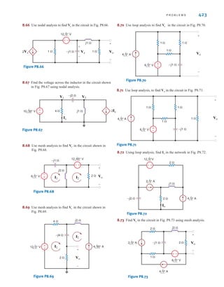8.58 Use nodal analysis to find in the circuit in Fig. P8.58.
Figure P8.58
8.59 Use nodal analysis to find in the network in Fig. P8.59.
Figure P8.59
8.60 Use nodal analysis to find in the circuit in Fig. P8.60.
Figure P8.60
8.61 Use nodal analysis to find in the circuit in Fig. P8.61.
Figure P8.61
1 
1 
+
–
2 0° A
6 0° V
+
-
Vo
–j1 
4 Ix
Ix
Vo
Vo
+
–
Vx
4 Vx
+
–
+
–
1 
1 
1 
–j1 
+
–
4 V
Vo
4 V
4 Vo
j 
Vo
+
–
+
–
+
–
1 
1 
1 
Vo
4 Vo
4 V
1 
–j  Vo
+
–
+
–
+
–
1 
1 
Vo
422 C H A P T E R 8 A C S T E A D Y- S T A T E A N A LY S I S
8.62 Use nodal analysis to find in the network in Fig. 8.62.
Figure P8.62
8.63 Use nodal analysis to find in the circuit in Fig. P8.63.
Figure P8.63
8.64 Use nodal analysis to find in the circuit in Fig. P8.64.
Figure P8.64
8.65 Use nodal analysis to find in the circuit in Fig. P8.65.
Figure P8.65
4 0° V
1  1 
–j1 
+
–
Vx
1 
1 
+
–
Ix
+
–
2 Vx
4 Ix
Io
Io
6 0° V 2 0° A
4 0° A
1 
–j1 
+
–
Vx
1 
1 
+
–
Vo
+
–
+
–
4 Vx
Vo
6 0° V
1 
1 
1 
1 
–j1 
+
–
Vx
+
–
Vo
Ix
+ –
4 Ix
+
–
2 Vx
Vo
6 0° V
2 0° A
1 
1  1 
1 
–j1 
+
–
+
–
Vx
+
–
Vo
+
–
4 Vx
Vo
irwin08_369-434hr.qxd 28-07-2010 12:03 Page 422
 