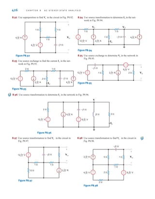 P R O B L E M S 425
8.82 Use loop analysis to find in the circuit in Fig. P8.82.
Figure P8.82
8.83 Use loop analysis to find in the circuit in Fig. P8.59.
8.84 Use loop analysis to find in the network in Fig. P8.63.
8.85 Use superposition to find in the network in Fig. P8.85.
Figure P8.85
8.86 Use superposition to determine in the circuit in
Fig. 8.86.
Figure P8.86
8.87 Using superposition, find in the circuit in Fig. P8.87.
Figure P8.87
2 0° A
6 0° V
2 
1  –j1 
j2 
±
–
Vo
+
-
Vo
6 0° A
6 0° V
1 
1 
–j1  j1 
Vo
+
-
-
+
Vo
12 0° V
4 0° A
1 
1 
–j1 
–±
Vo
+
-
Vo
Vo
Vo
6 V
4 Ix
1 
1 
–j1  +
–
1 
Vo
Ix
+
–
Vo 8.88 Find in the network in Fig. P8.88 using superposition.
Figure P8.88
8.89 Find in the network in Fig. P8.89 using superposition.
Figure P8.89
8.90 Use superposition to find in the circuit in Fig. P8.90.
Figure P8.90
8.91 Use superposition to find in the network in Fig. 8.91.
Figure P8.91
–j1  4 0° A
1 
1 
1 
Vo
+
–
6 0° V
+
-
Vo
6 0° V
2 0° A 4 0° A
1 
–j1 
j1 
+
–
1 
1 
Vo
+
–
Vo
4 0° A
16 0° V 2 
2 
1 
–j2 
j3 
Vo
+
-
+
-
Vo
2 0° A 12 0° V
2 
2 
–j2  j4 
–±
Vo
+
-
Vo
irwin08_369-434hr.qxd 28-07-2010 12:03 Page 425
 