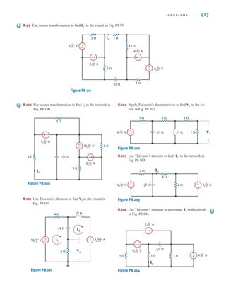 426 C H A P T E R 8 A C S T E A D Y- S T A T E A N A LY S I S
8.92 Use superposition to find in the circuit in Fig. P8.92.
Figure P8.92
8.93 Use source exchange to find the current in the net-
work in Fig. P8.93.
Figure P8.93
2 0° A
12 0° V
2 ⍀
2 ⍀
Io
–j1 ⍀
1 ⍀
4 0° A
+
-
Io
6 0° V
4 0° A
1 ⍀ 1 ⍀
–j1 ⍀
+
–
1 ⍀
Vo
+
–
Vo 8.94 Use source transformation to determine in the net-
work in Fig. P8.94.
Figure P8.94
8.95 Use source exchange to determine in the network in
Fig. P8.95.
Figure P8.95
–±
Vo
+
-
6 0° V
2 0° A
12 0° V 2 ⍀
1 ⍀
–j1 ⍀
+
-
Vo
Io
V2
V1
±
–
2 0° A
4 0° A
12 0° V
1 ⍀
1 ⍀ 1 ⍀
–j1 ⍀
Io
8.96 Use source transformation to determine in the network in Fig. P8.96.
Figure P8.96
6 0° V
4 0° A
12 0° V
j2 ⍀
2 ⍀
2 ⍀
–j1 ⍀
±
–
±
–
Io
V
Io
8.97 Use source transformation to find in the circuit in
Fig. P8.97.
Figure P8.97
8.98 Use source transformation to find in the circuit in
Fig. P8.98.
Figure P8.98
1 ⍀
1 ⍀
2 ⍀
2 ⍀
5 ⍀ Vo
+
-
+
-
+
-
4 0° V
2 0° A
6 0° V
–j2 ⍀
Vo
-
12 0° V
1 ⍀ 1 ⍀
12 ⍀
–j2 ⍀ Vo
+
+
-
2 0° R
Vo
irwin08_369-434hr2.qxd 2-08-2010 16:44 Page 426
 