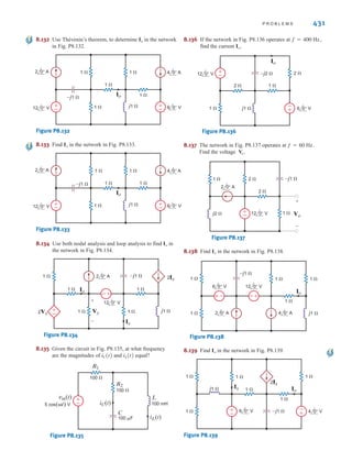 8.124 Use source transformation to find in the circuit in
Fig. P8.124.
Figure P8.124
8.125 Calculate the Thévenin equivalent impedance in the
circuit shown in Fig. P8.125.
Figure P8.125
8.126 Find the Thévenin equivalent for the network in
Fig. P8.126 at terminals A–B.
Figure P8.126
8.127 Find the Thévenin equivalent of the network in
Fig. P8.127 at terminals .
Figure P8.127
Solve the remaining problems using computational methods.
8.128 Apply Norton’s theorem to find in the network in
Fig. P.8.128.
Figure P8.128
8.129 Find in the circuit in Fig. P8.129.
Figure P8.129
8.130 Find the node voltages in the network in Fig. P8.130.
Figure P8.130
8.131 Determine in the network in Fig. P8.131.
Figure P8.131
6 0° V
2 0° A
j1 
1  1 
1  1 
1 
–j1 
12 30° V
±
–
+
-
Vo
+
-
Vo
2 0° A
12 0° V
j1 
2 
2 
1 
1 
1 
–j1 
–j2 
±
–
6 0° V
12 0° V
j1 
1  1 
1 
1  1 
–j1 
2 0° A
±
–
–
±
Vo
+
-
Vo
4 0° A
6 0° V
j1 
1 
1 
1 
1 
–j1 
±
–
Vo
+
-
Vo
1  1 
3 
–j1 
j1 
Vx
+ -
2Vx
±
–
A
B
A–B
1 
±
–
–j1 
j1 
2Ix
A
B
Ix
3  –j3 
4 Ix
Ix
ZTh
-
+
ZTh
Vo
+
-
12 0° V
2 0° A
12 
–j2 
6 
+
–
6 
Vo
430 C H A P T E R 8 A C S T E A D Y- S T A T E A N A LY S I S
irwin08_369-434hr.qxd 28-07-2010 12:03 Page 430
 