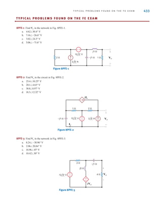 8.140 Determine in the network in Fig. P8.140.
Figure P8.140
8.141 Find in the circuit in Fig. P8.141.
Figure P8.141
2 0° A
12 0° V
6 0° V
1 
1  1 
1 
1 
–j1 
j1 
2Ix
Ix
Io
±
–
±
–
Io
2 0° A
12 0° V
1 
1  1 
1 
1 
1 
–j1 
j1 
+
-
Vx
2Vx
Io
+
-
-
+
Io
432 C H A P T E R 8 A C S T E A D Y- S T A T E A N A LY S I S
8.142 Find in the network in Fig. P8.142.
Figure P8.142
8.143 The network in Fig. P8.143 operates at 60 Hz. Find the currents and .
Figure P8.143
8.144 Find in the network in Fig. P8.144.
Figure P8.144
8.145 The network in Fig. P8.145 operates at 60 Hz. Find the currents and .
Figure P8.145
10 
–j5.305 
j18.85 
±
–
12 0° V
Ix
2 Ix
Io
Ix
Io
vo(t)
+
-
4 k
50F
2 mH
±
–
2ix
ix
16 cos (377t+45°) V
vo(t)
10 
–j5.305 
j18.85 
±
–
12 0° V
Ix
2 Ix
Io
Ix
Io
vo(t)
+
-
4 k
50F
2 mH
±
–
2ix
ix
16 cos (377t+45°) V
vo(t)
irwin08_369-434hr.qxd 28-07-2010 12:03 Page 432
 