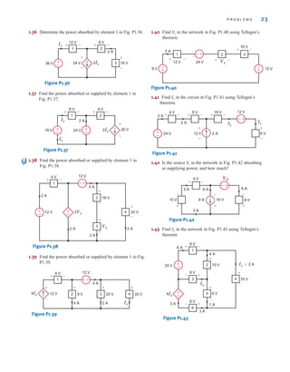 P R O B L E M S 23
1.36 Determine the power absorbed by element 1 in Fig. P1.36.
Figure P1.36
1.37 Find the power absorbed or supplied by element 1 in
Fig. P1.37.
Figure P1.37
1.38 Find the power absorbed or supplied by element 3 in
Fig. P1.38.
Figure P1.38
1.39 Find the power absorbed or supplied by element 1 in Fig.
P1.39.
Figure P1.39
1
4 V
+ –
4Ix
Ix
+
–
3 20 V
+
–
4 20 V
+
–
2 8 V
12 V
4 A
4 A
2 A
12 V
+
–
+
–
1
4 V
+ –
+
–
+
–
+
–
2 16 V
4 A
2 A
2 A 2 A
12 V
12 V
+
–
3 Vx
2Vx
+
–
4 20 V
+
–
2 A
1
6 V
18 V
Ix
Ix
+ –
2
4 V
+ –
20 V
+
– 24 V +
–
2 A
2Ix
+
–
1
12 V
16 V
36 V
Ix + –
2
8 V
+ –
2Ix 3
+
–
+
–
2 A
24 V
+
–
1.40 Find in the network in Fig. P1.40 using Tellegen’s
theorem.
Figure P1.40
1.41 Find in the circuit in Fig. P1.41 using Tellegen’s
theorem.
Figure P1.41
1.42 Is the source in the network in Fig. P1.42 absorbing
or supplying power, and how much?
Figure P1.42
1.43 Find in the network in Fig. P1.43 using Tellegen’s
theorem.
Figure P1.43
Ix=2 A
Io
4Ix
+
4
5
2
±
–
6
3
1
6 V
-
+
-
8 V
8 V
+ -
16 V
24 V
3 A
3 A
6 A
4 A
1 A
+
-
10 V
+
-
6 V
+
-
±
–
Io
3 A 9 A
3 A
VS
+
-
8 V
6 A
-
+
10 V 9 A 16 V
-
+
6 V
+ -
+
-
V
s
Ix
Ix
2 A
18 V 12 V
+ -
8 V
+ -
4 V
+ -
6 V
2 A
24 V 2 A
+
-
12 V
+
-
±
–
–±
Ix
Vx
+ -
3
2
1
+ -
+ -
24 V
12 V
16 V
2 A
12 V
9 V -
+
-
+
+
-
V
x
irwin01_001-024hr.qxd 30-06-2010 13:16 Page 23
 