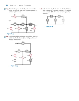 24 C H A P T E R 1 B A S I C C O N C E P T S
1.44 Calculate the power absorbed by each element in the
circuit in Fig. P1.44. Also verify Tellegen’s theorem is
satisfied by this circuit.
Figure P1.44
1.45 Calculate the power absorbed by each element in the cir-
cuit in Fig. P1.45. Also verify that Tellegen’s theorem is
satisfied by this circuit.
Figure P1.45
5
30 V
40 V
1
5 V
+ –
2
1 A
5 A
+
–
+
–
4 A
4 A
3 A
1 A
15 V
4
5 V
+ –
+
–
5 V
-
+
10 V
+
–
3
10 V
+ –
5
24 V
+ –
12 V
+ –
3Ix
–
+
1 2
2 A
2 A
4 A
6 A
4 A
12 V
4
9 V
24 V +
–
3 15 V
6 V
+
–
+
–
- +
6 V
+ –
4 A
2 A
Ix = 2 A
+
–
1.46 In the circuit in Fig. P1.46, element 1 absorbs 40 W, ele-
ment 2 supplies 50 W, element 3 supplies 25 W, and ele-
ment 4 absorbs 15 W. How much power is supplied by
element 5?
Figure P1.46
5
4
3
1 2
irwin01_001-024hr.qxd 30-06-2010 13:16 Page 24
 